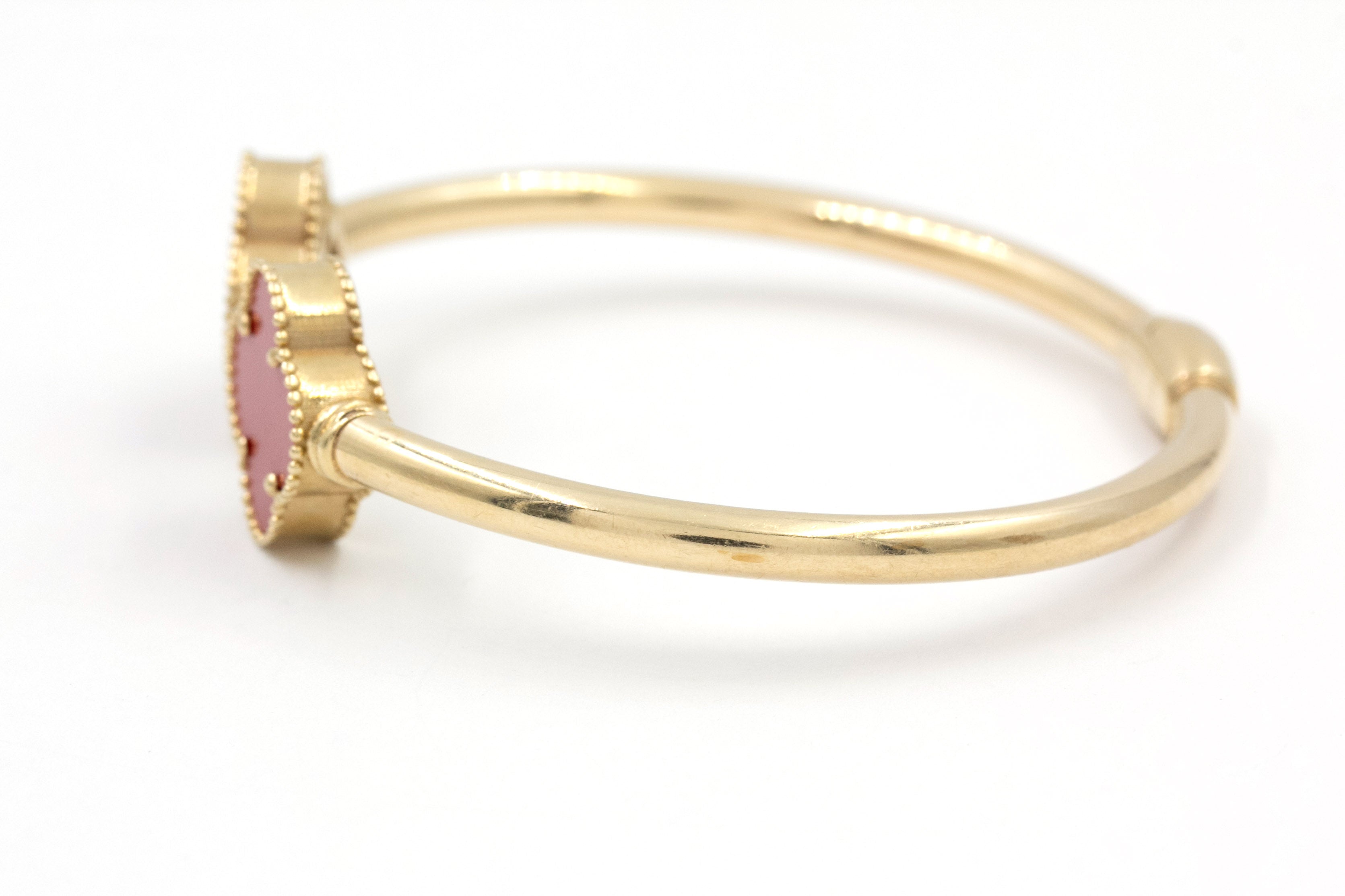 Carnelian Clover Open Bangle Bracelet - 10k Yellow Gold