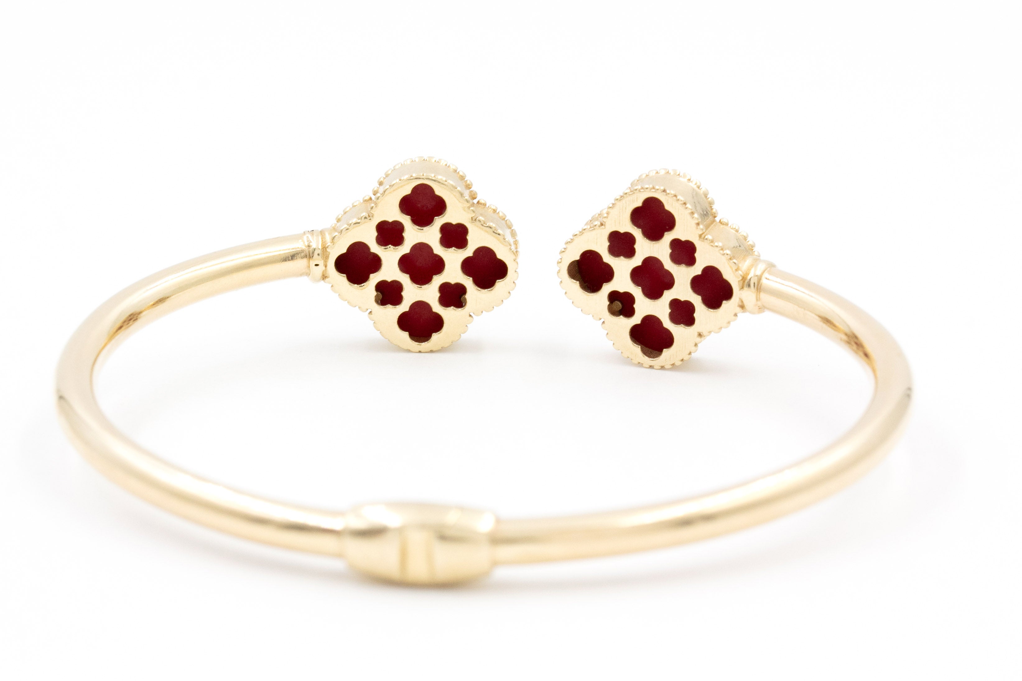 Carnelian Clover Open Bangle Bracelet - 10k Yellow Gold