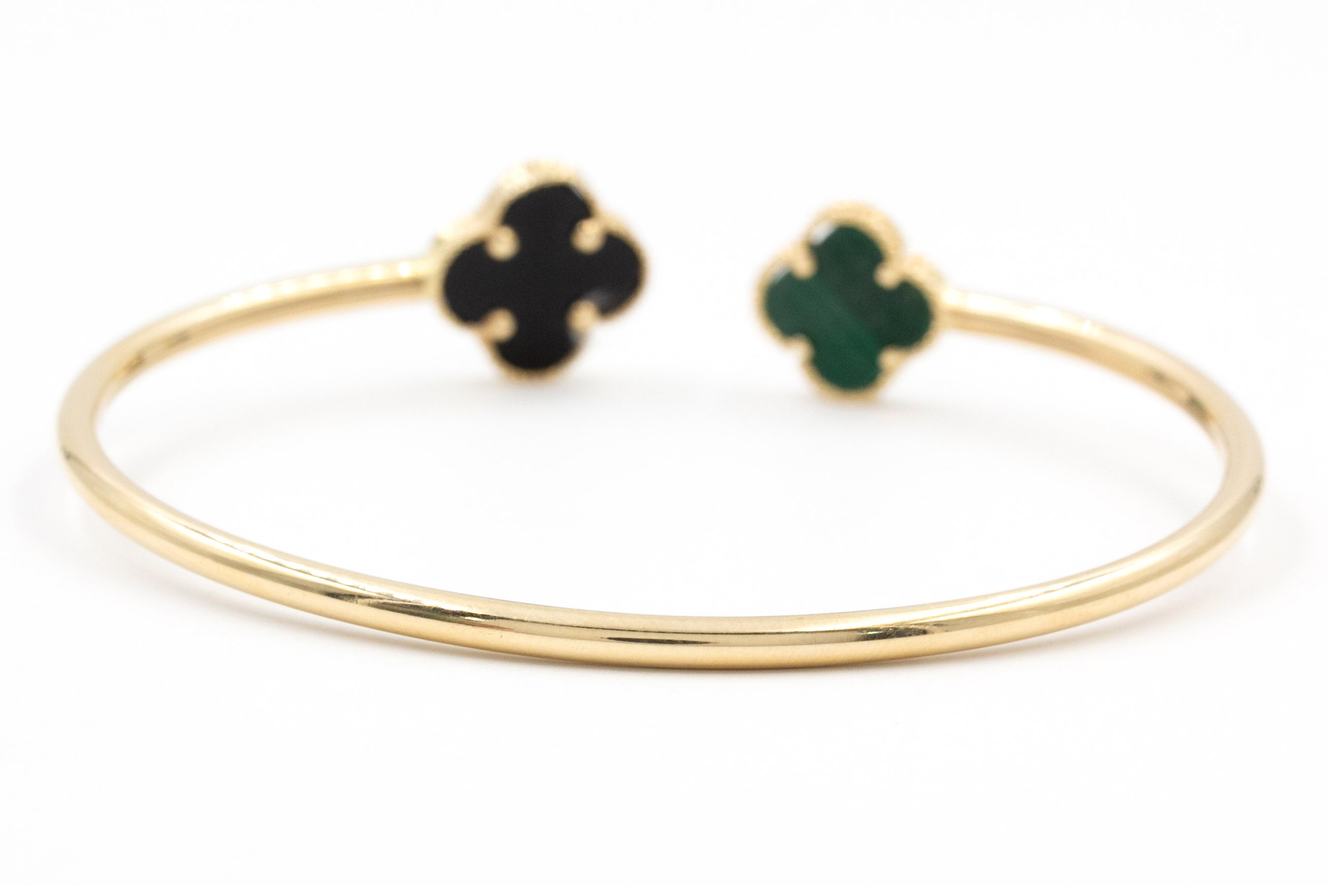 Two Stone Clover Open Bangle Bracelet - 14k Yellow Gold