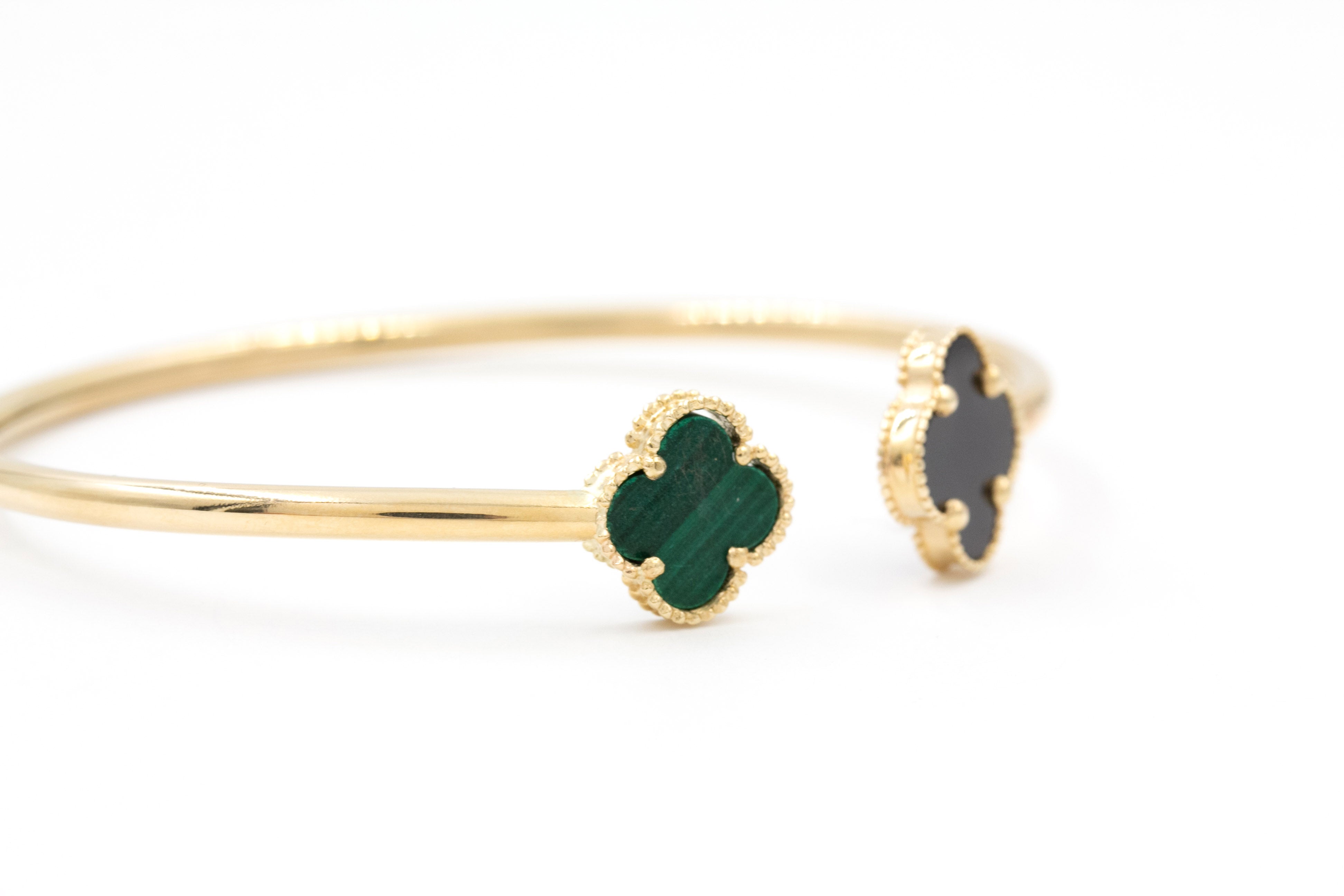 Two Stone Clover Open Bangle Bracelet - 14k Yellow Gold