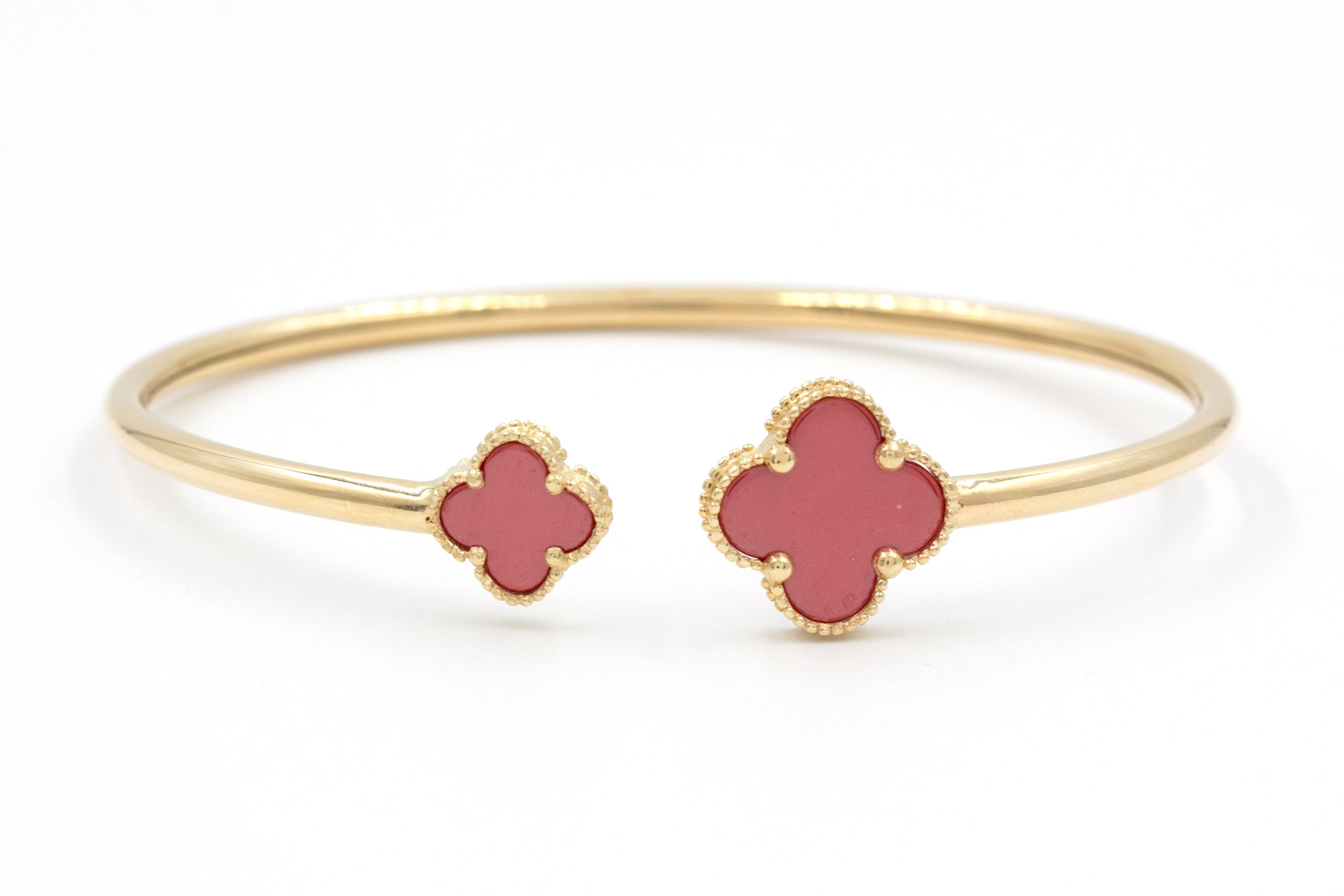 Two Stone Clover Open Bangle Bracelet - 14k Yellow Gold