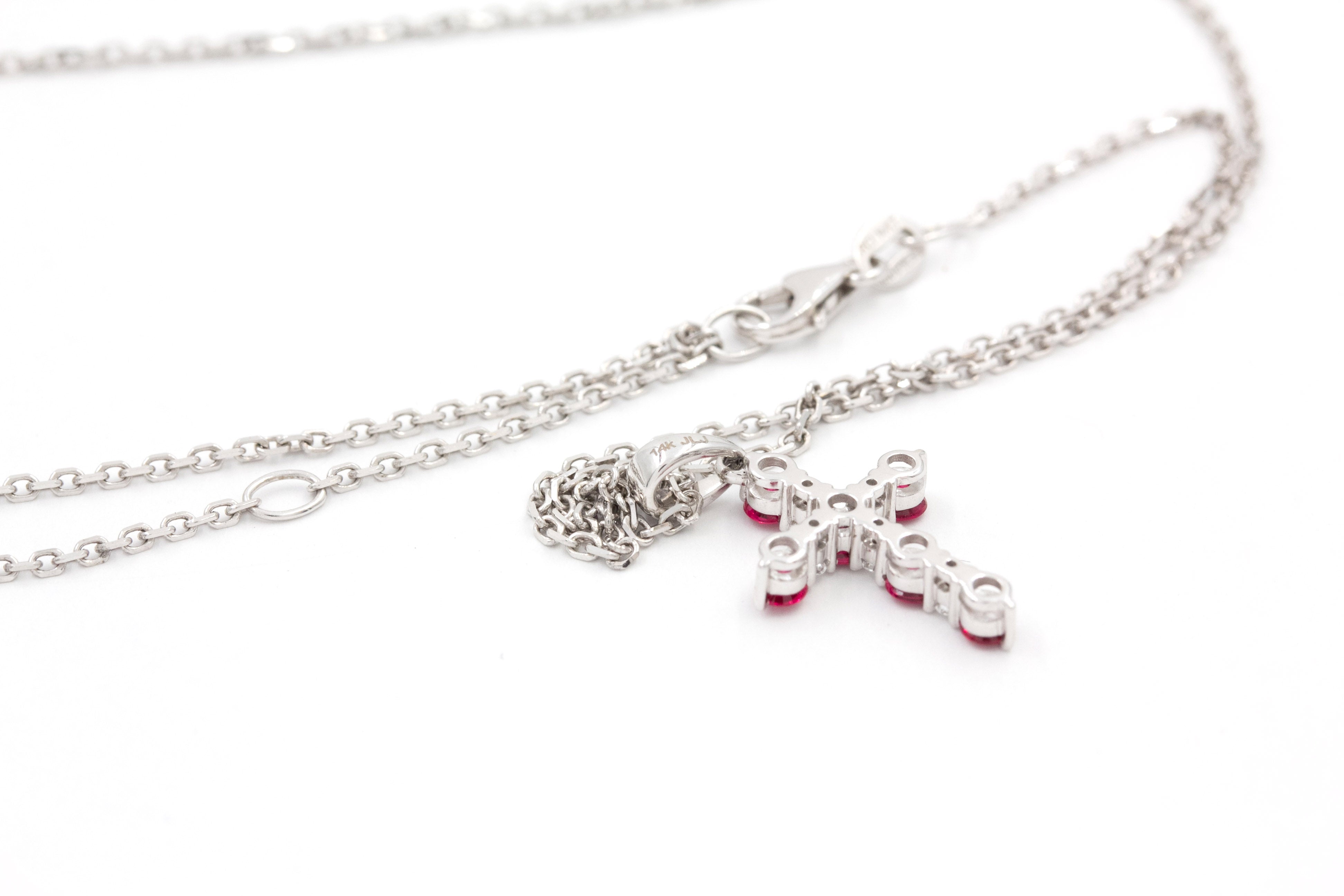 Diamond and Ruby Cross Pendant-Necklace - 14k White Gold