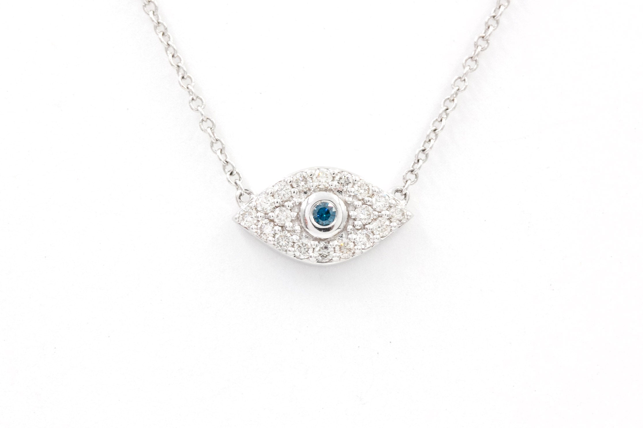 Blue and White Diamond Evil Eye Necklace - 14k White Gold - 0.31ctw