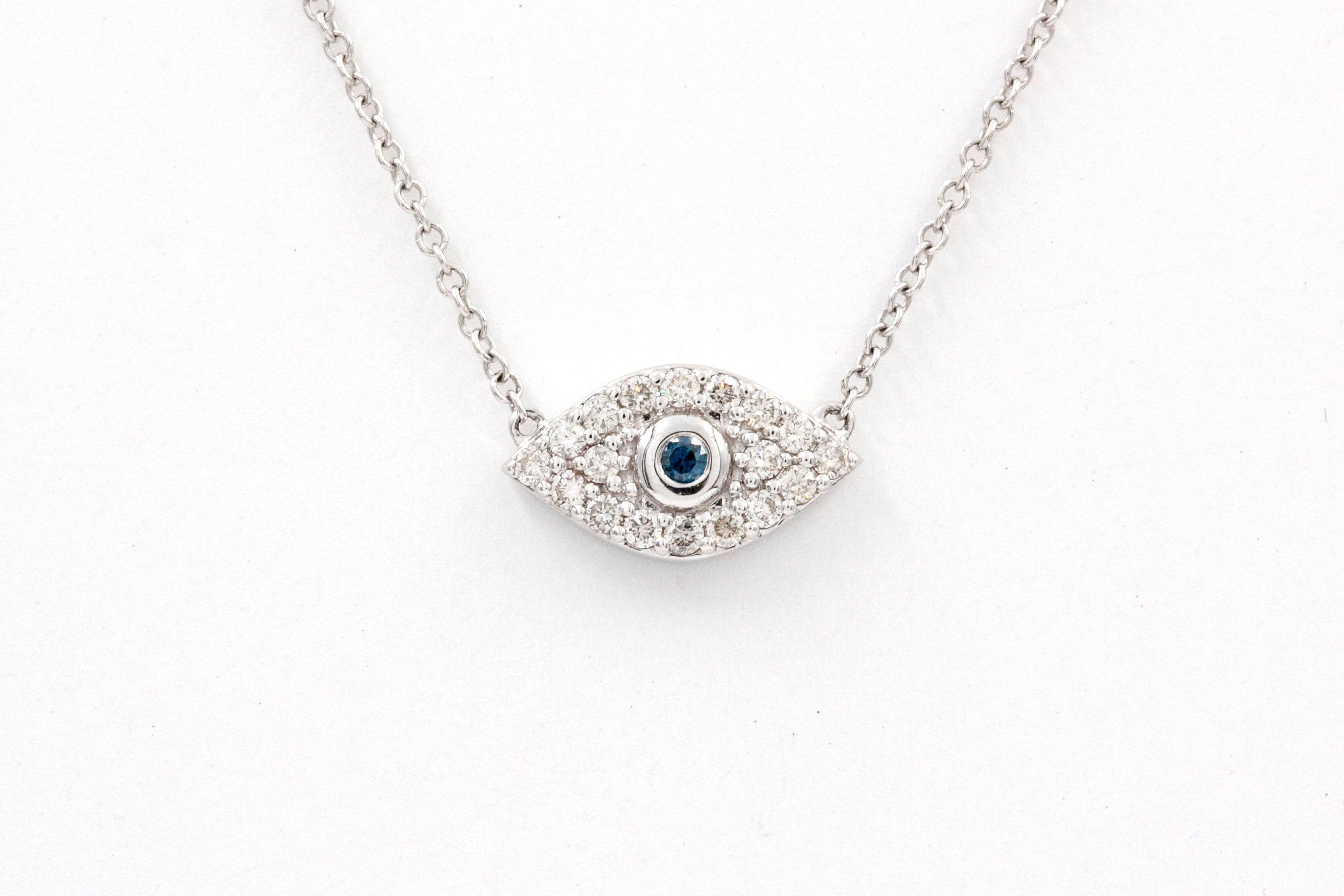 Blue and White Diamond Evil Eye Necklace - 14k White Gold - 0.31ctw