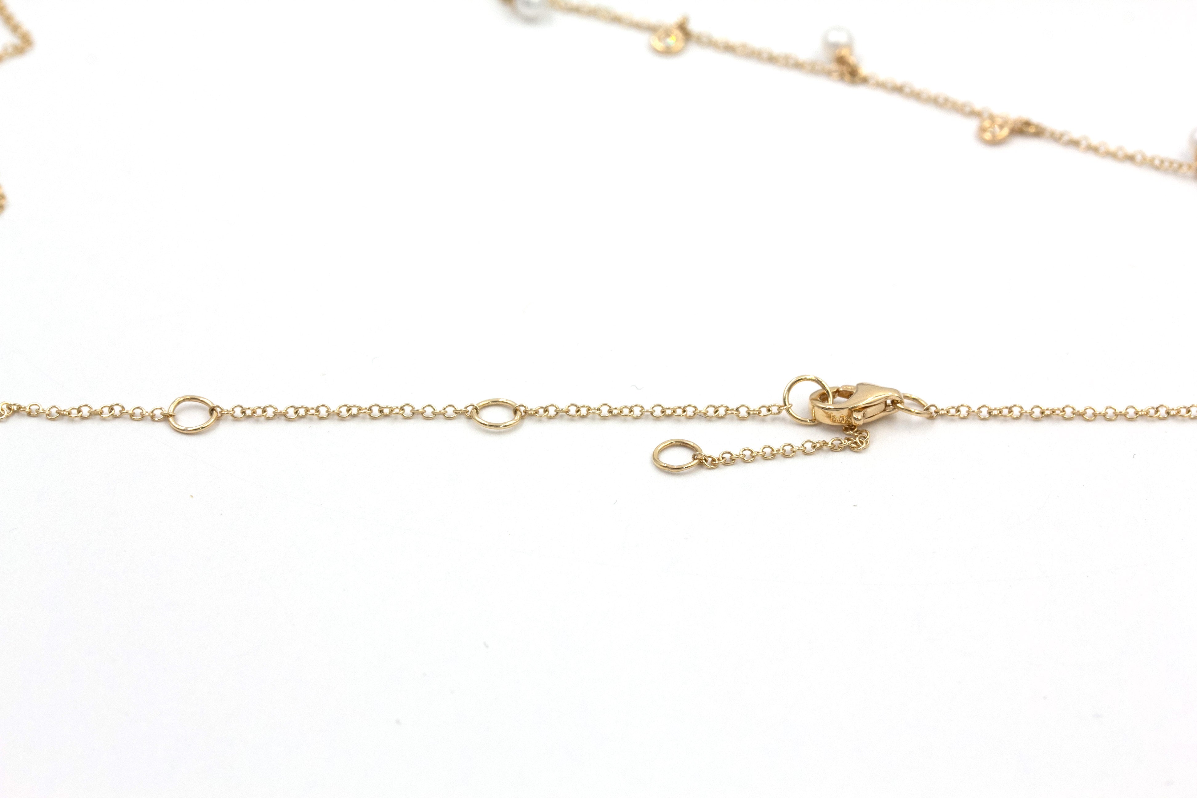 Pearl and Diamond Station Necklace - 14k Yellow Gold - 0.08ctw