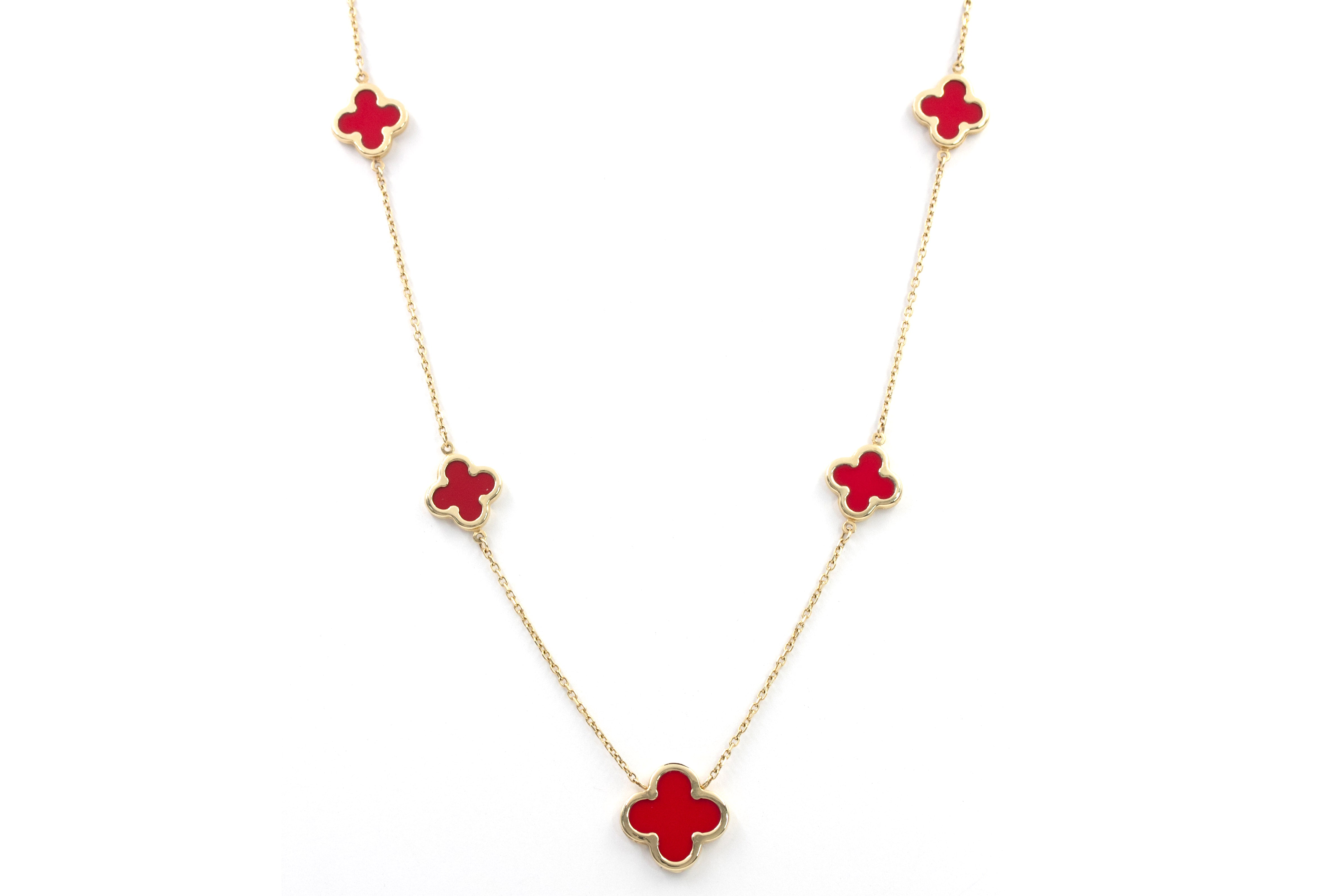 Carnelian Clover Graduated Station Necklace - 14k Yellow Gold
