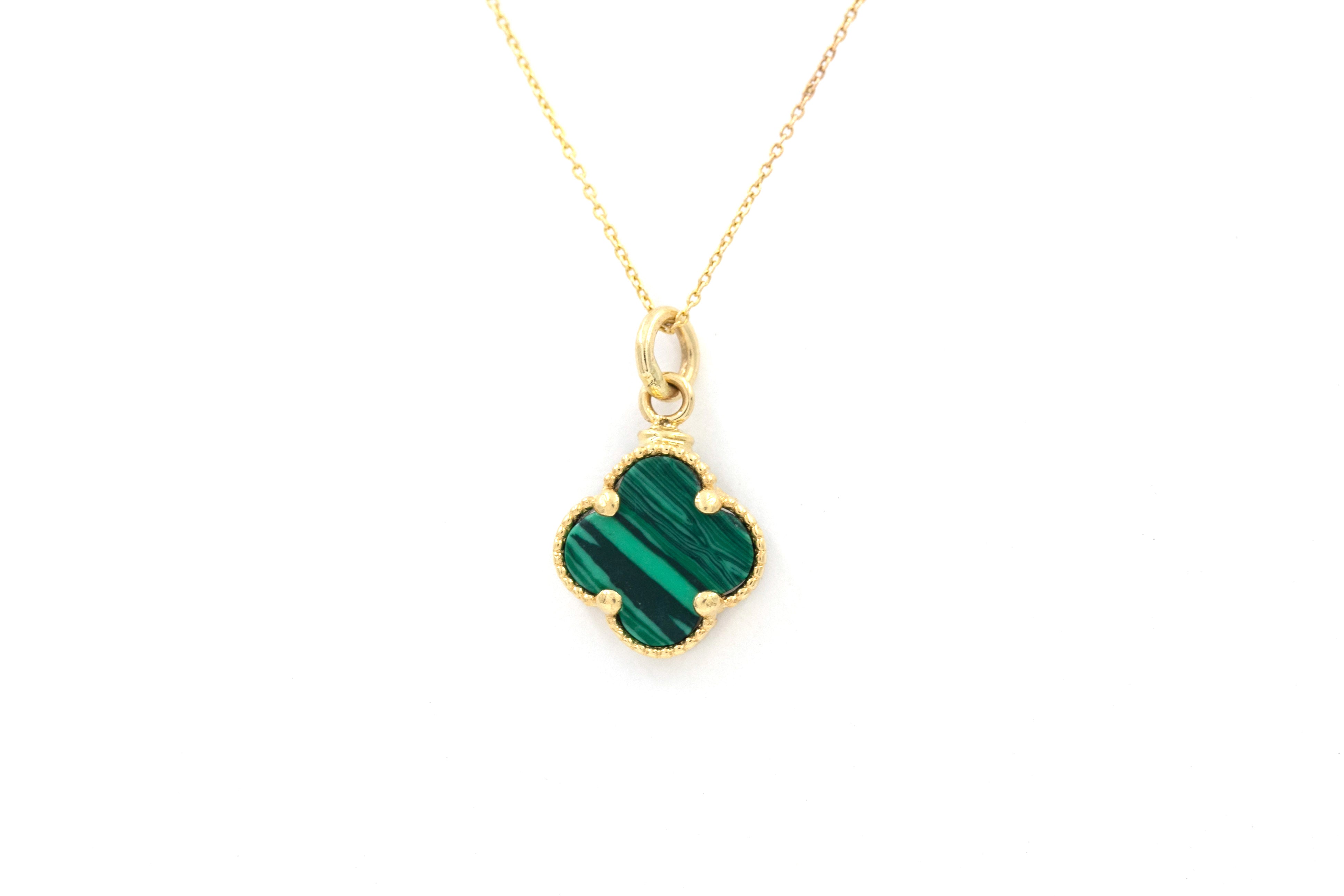 Malachite Clover Pendant Necklace - 14k Yellow Gold