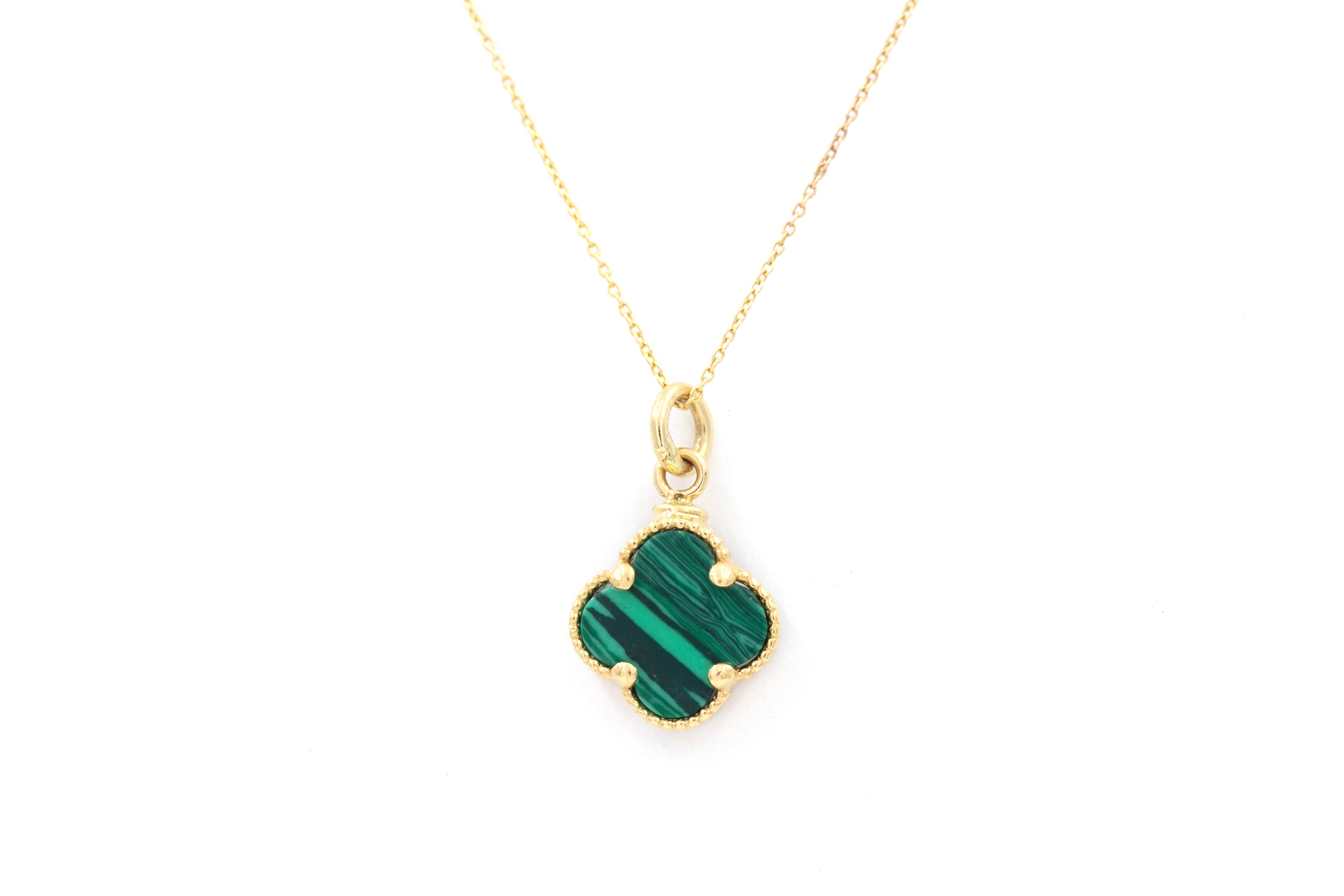 Malachite Clover Pendant Necklace - 14k Yellow Gold