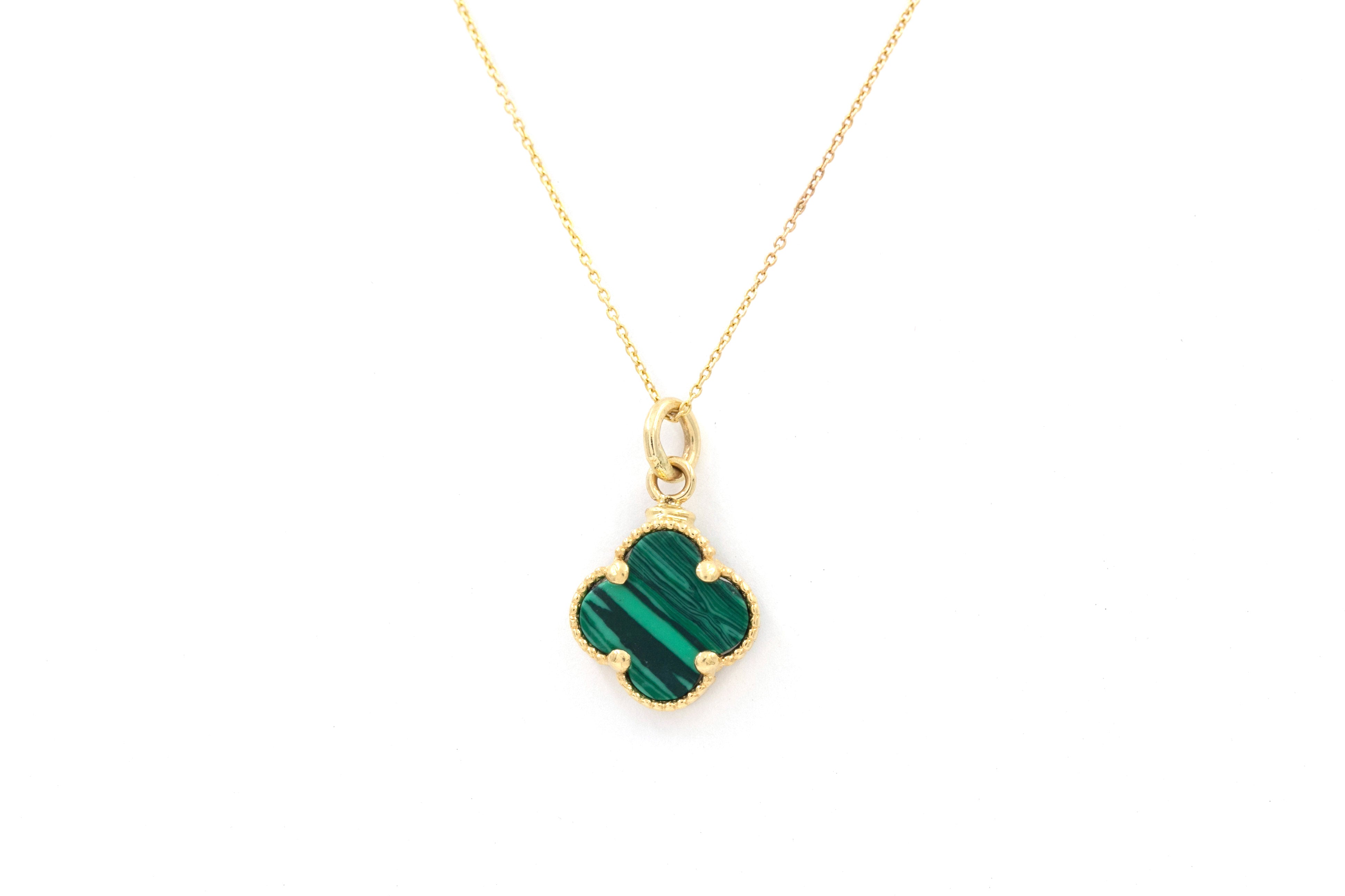 Malachite Clover Pendant Necklace - 14k Yellow Gold