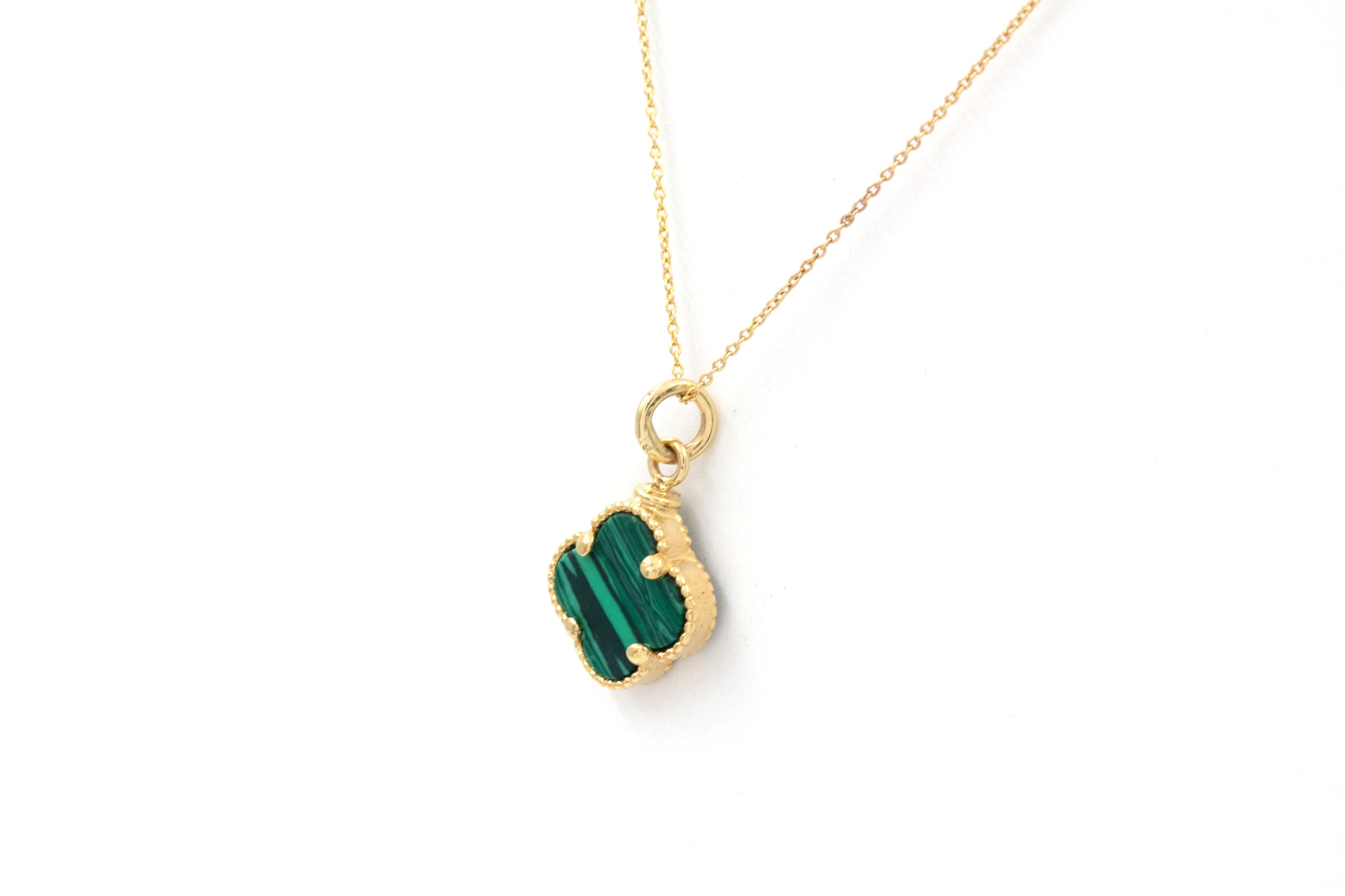 Malachite Clover Pendant Necklace - 14k Yellow Gold