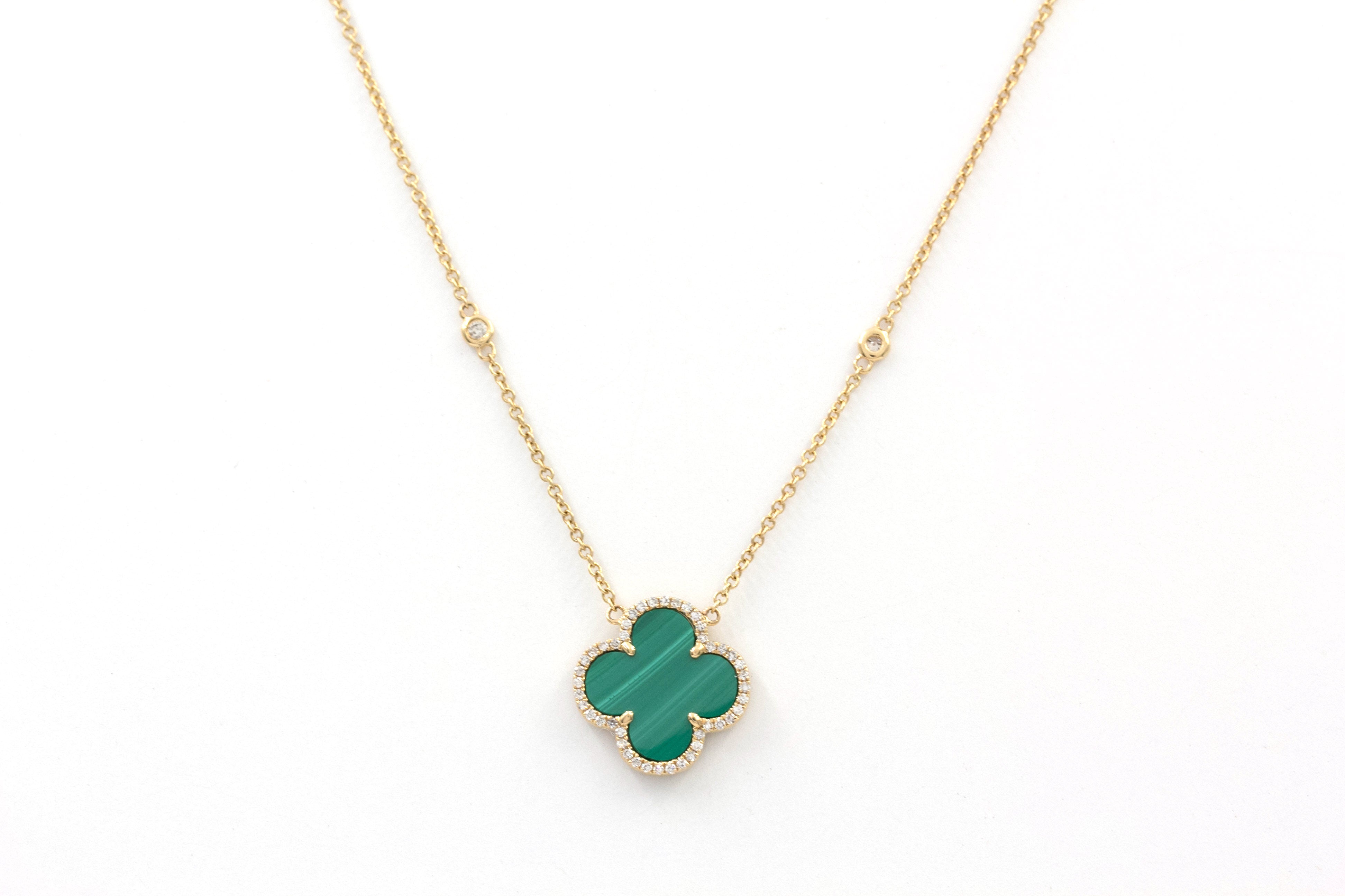 Diamond and Malachite Clover Pendant Necklace - 14k Yellow Gold - 0.21ctw