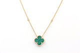 Diamond and Malachite Clover Pendant Necklace - 14k Yellow Gold - 0.21ctw