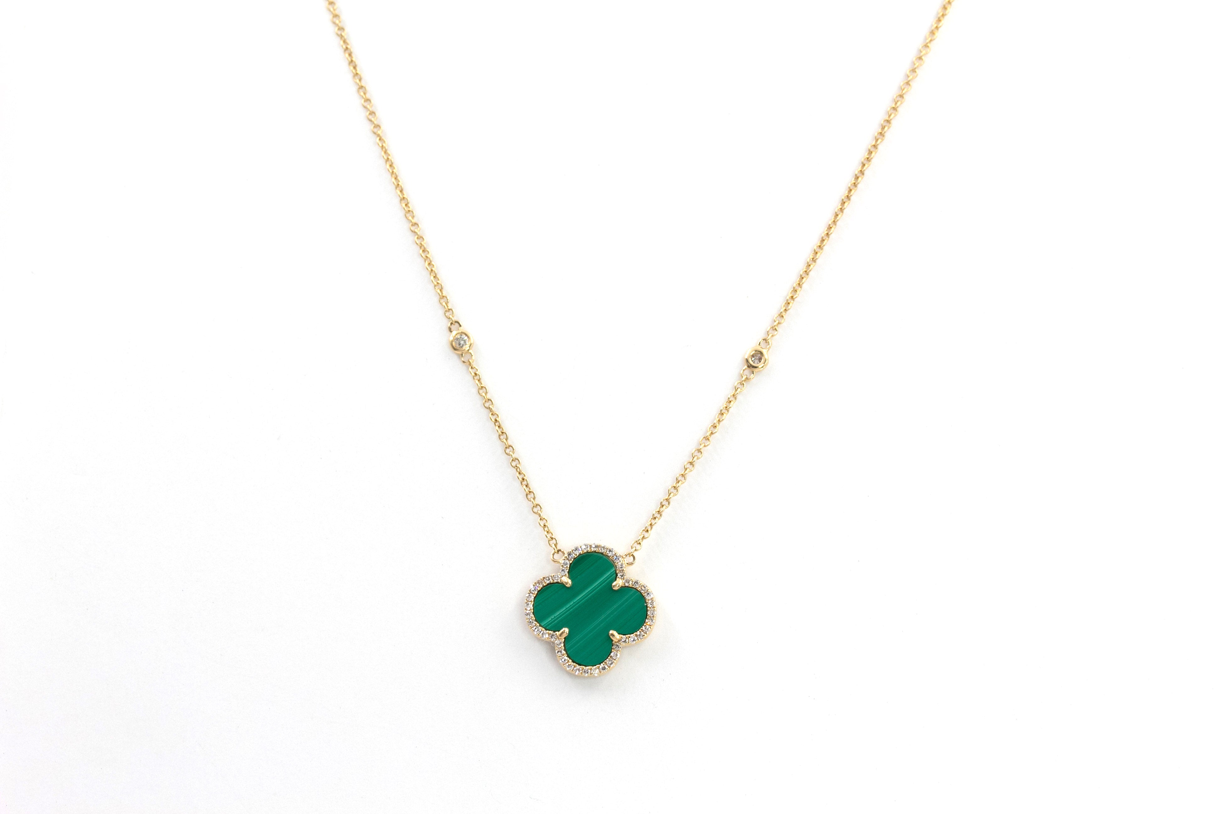 Diamond and Malachite Clover Pendant Necklace - 14k Yellow Gold - 0.21ctw