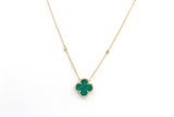 Diamond and Malachite Clover Pendant Necklace - 14k Yellow Gold - 0.21ctw