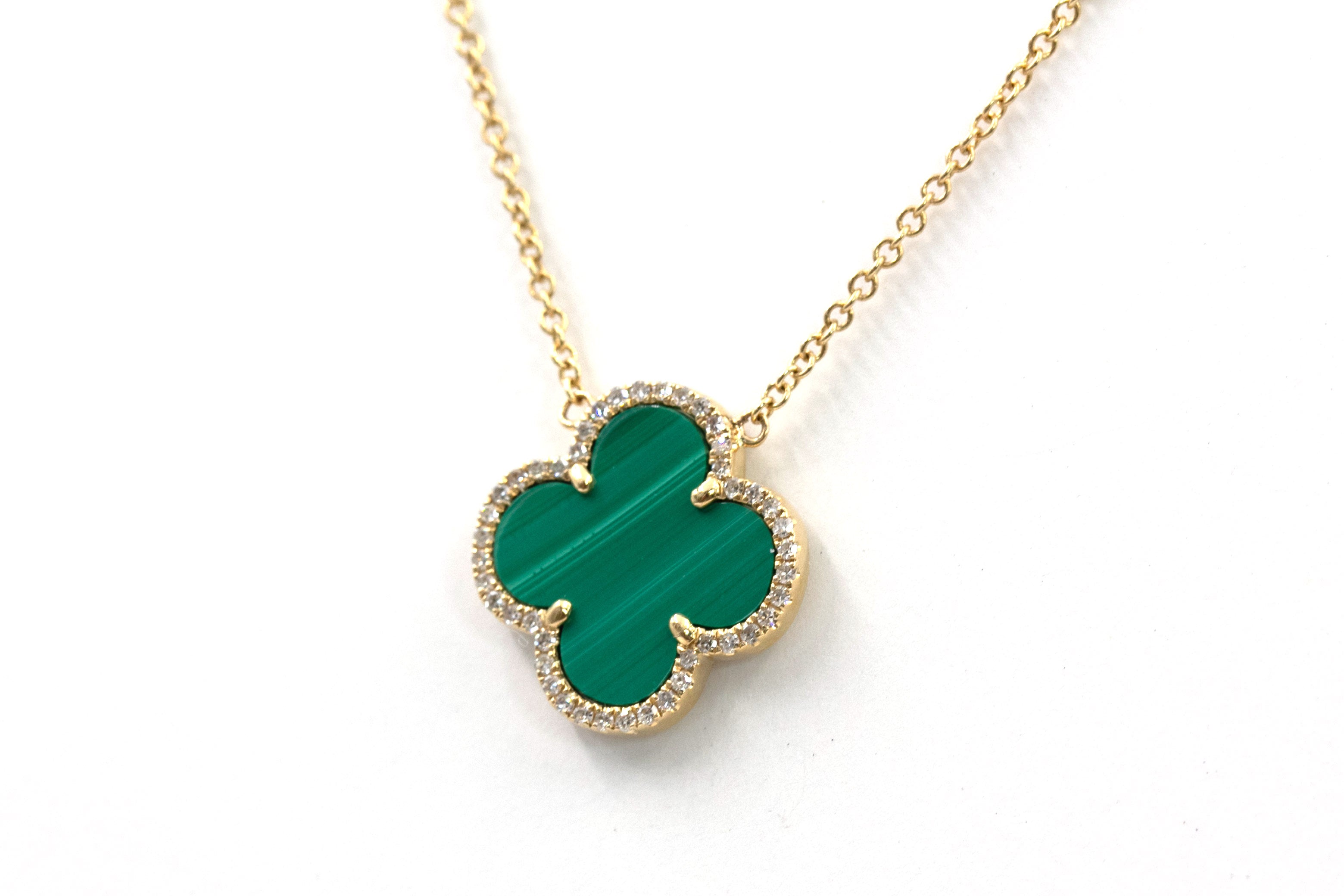 Diamond and Malachite Clover Pendant Necklace - 14k Yellow Gold - 0.21ctw