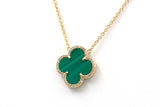 Diamond and Malachite Clover Pendant Necklace - 14k Yellow Gold - 0.21ctw