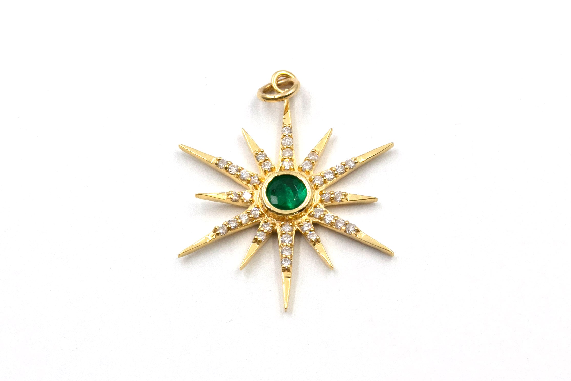 Emerald and Diamond Starburst Pendant - 14k Yellow Gold