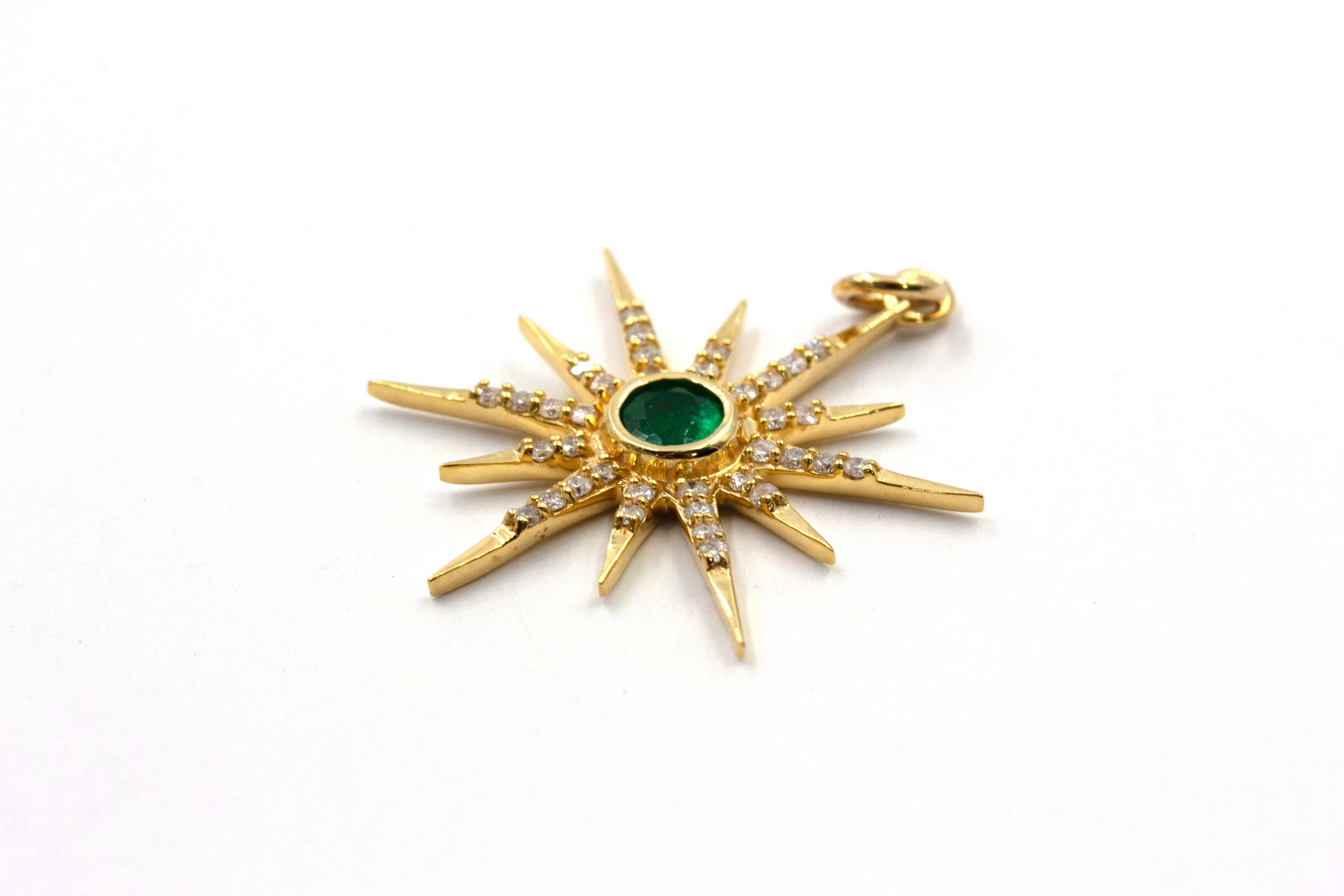 Emerald and Diamond Starburst Pendant - 14k Yellow Gold