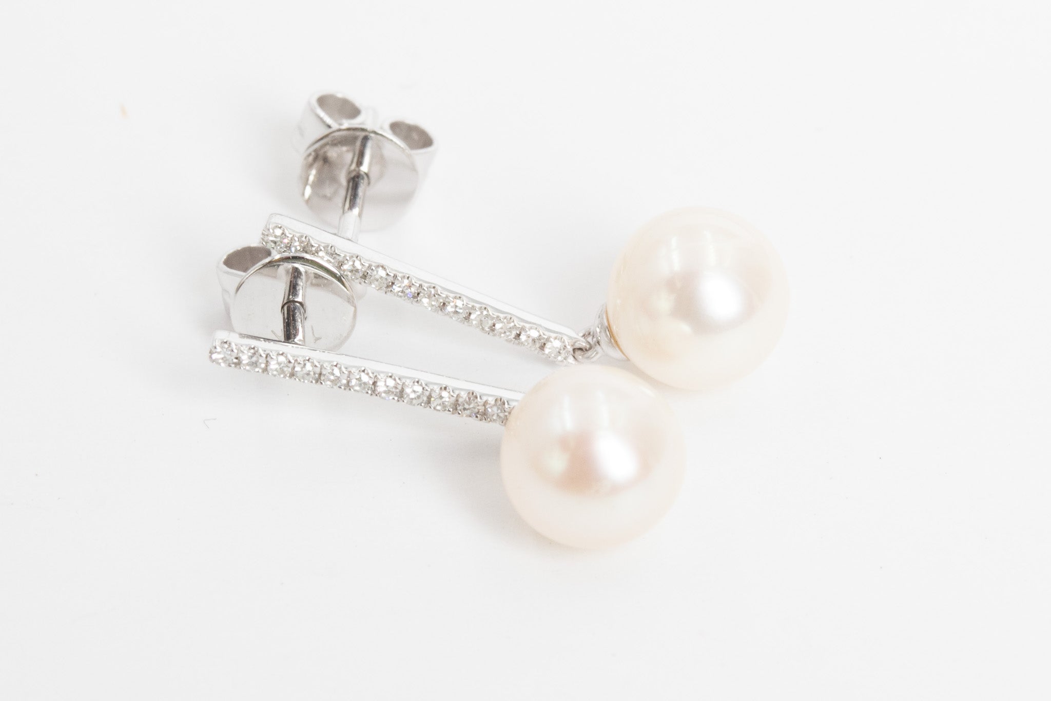 Pearl, Diamond Drop Earrings - 14k White Gold - 0.12ctw