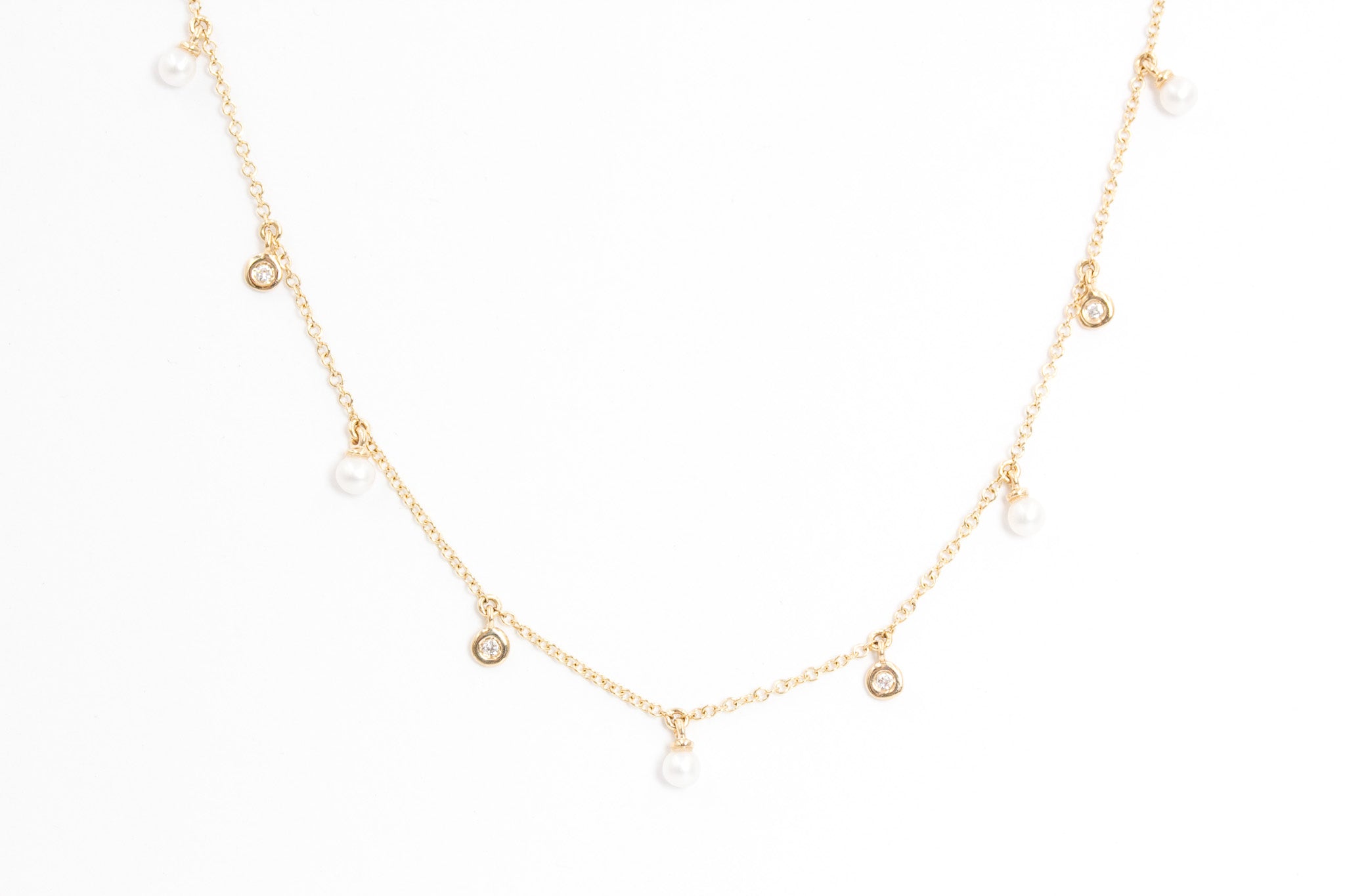 Pearl and Diamond Station Necklace - 14k Yellow Gold - 0.08ctw