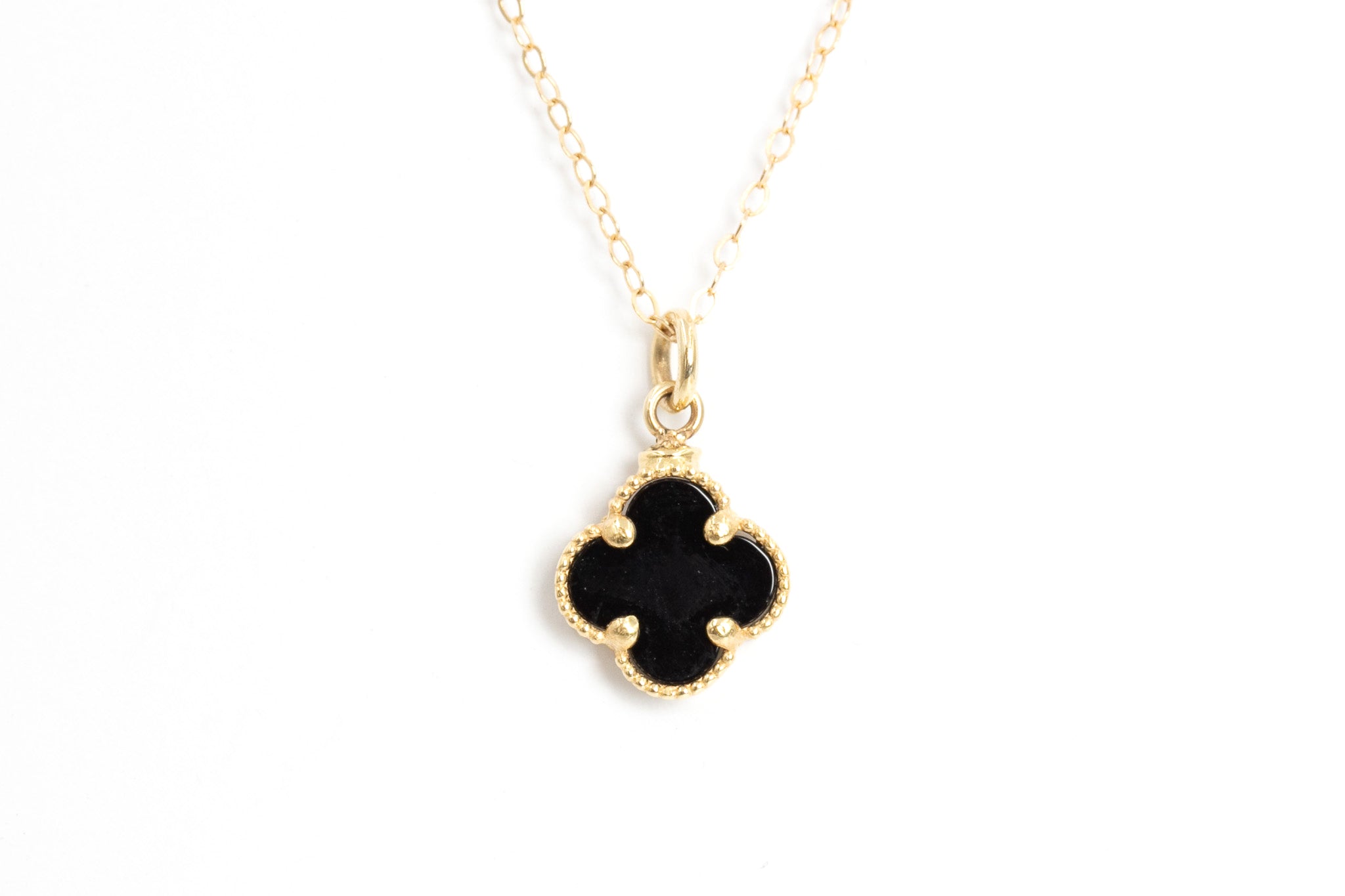 Black Onyx Clover Pendant Necklace - 14k Yellow Gold
