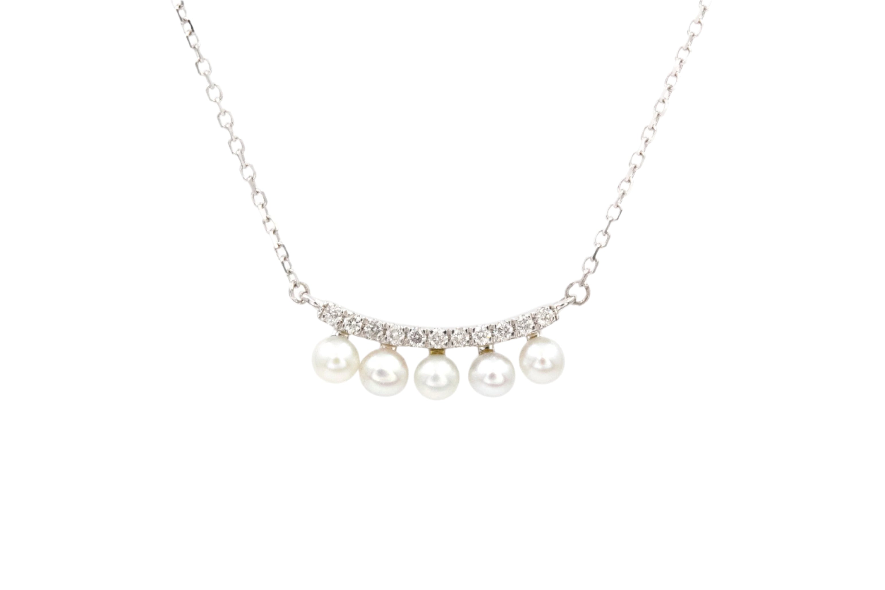 Pearl and Diamond Curved Bar Necklace - 10k White Gold - 0.05ctw