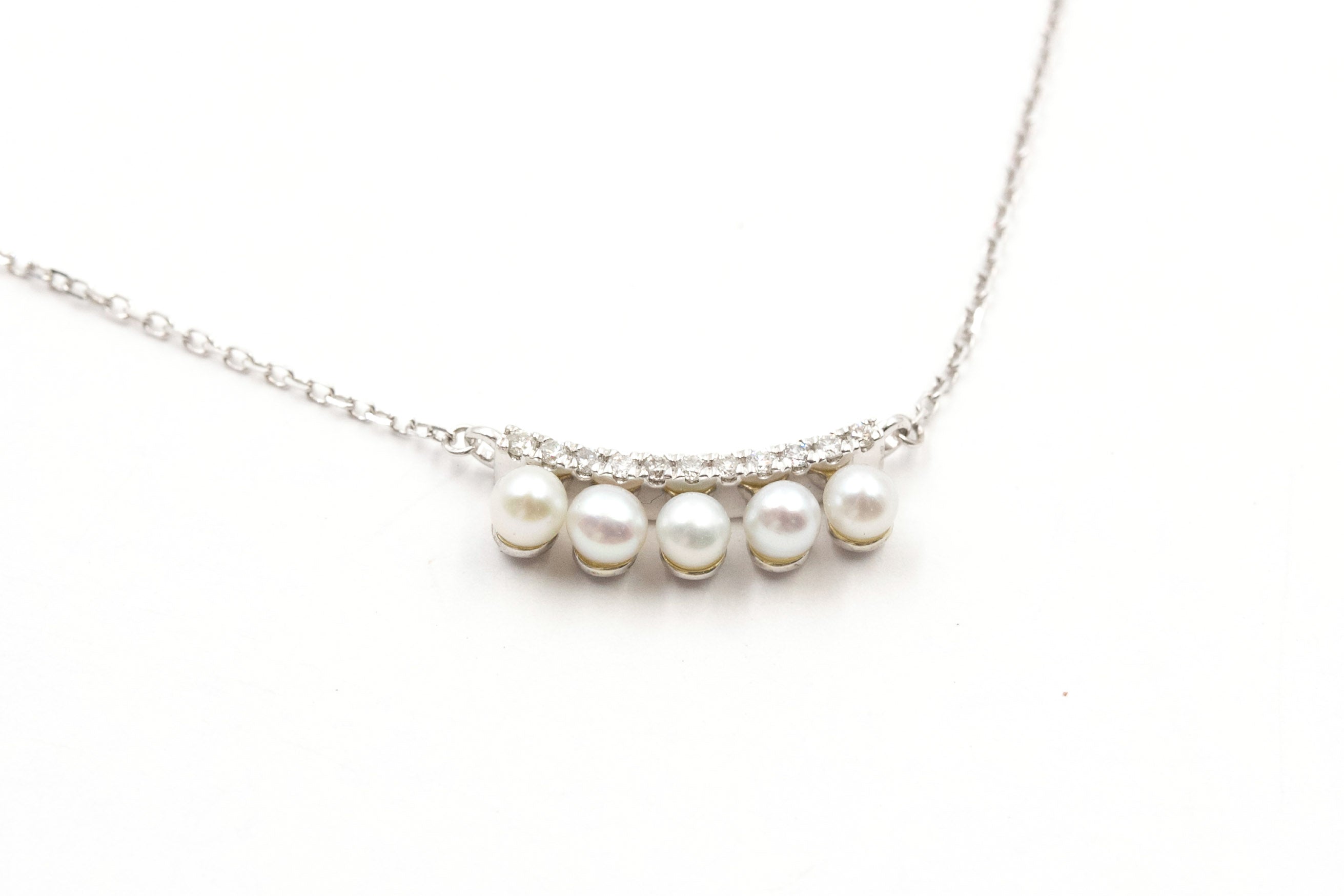 Pearl and Diamond Curved Bar Necklace - 10k White Gold - 0.05ctw