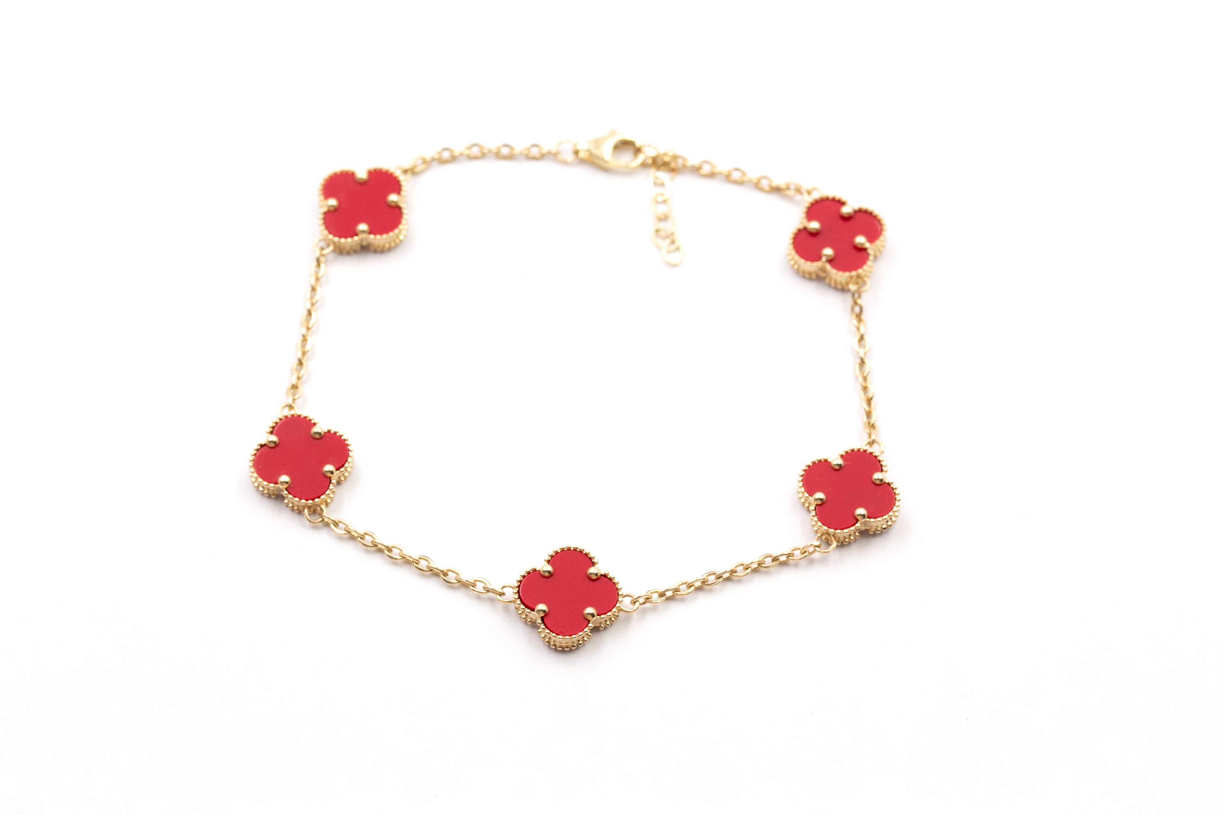 Carnelian Clover Station Bracelet - 14K Yellow Gold