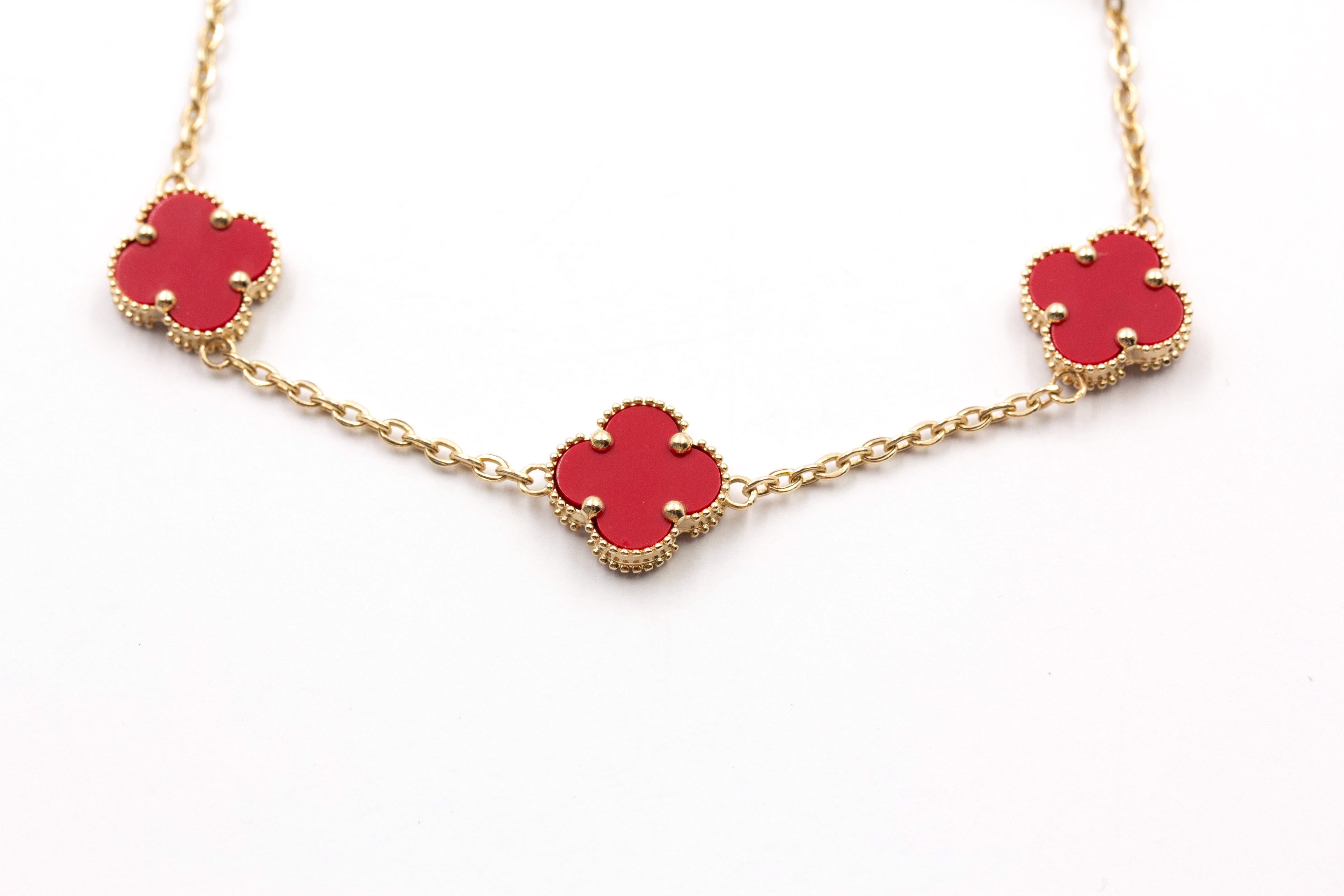 Carnelian Clover Station Bracelet - 14K Yellow Gold