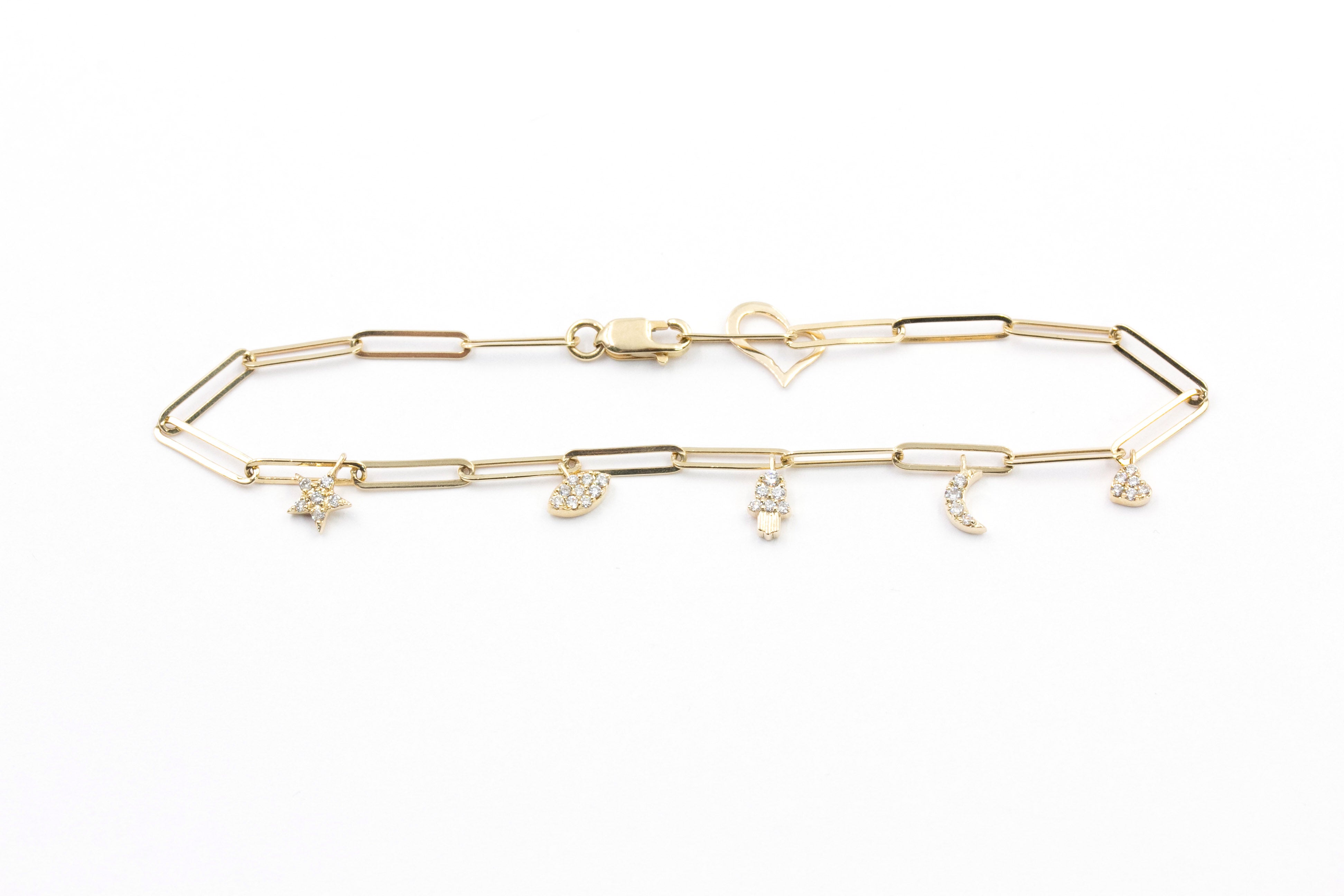 Diamond Charm Paperclip Chain Bracelet - 14k Yellow Gold