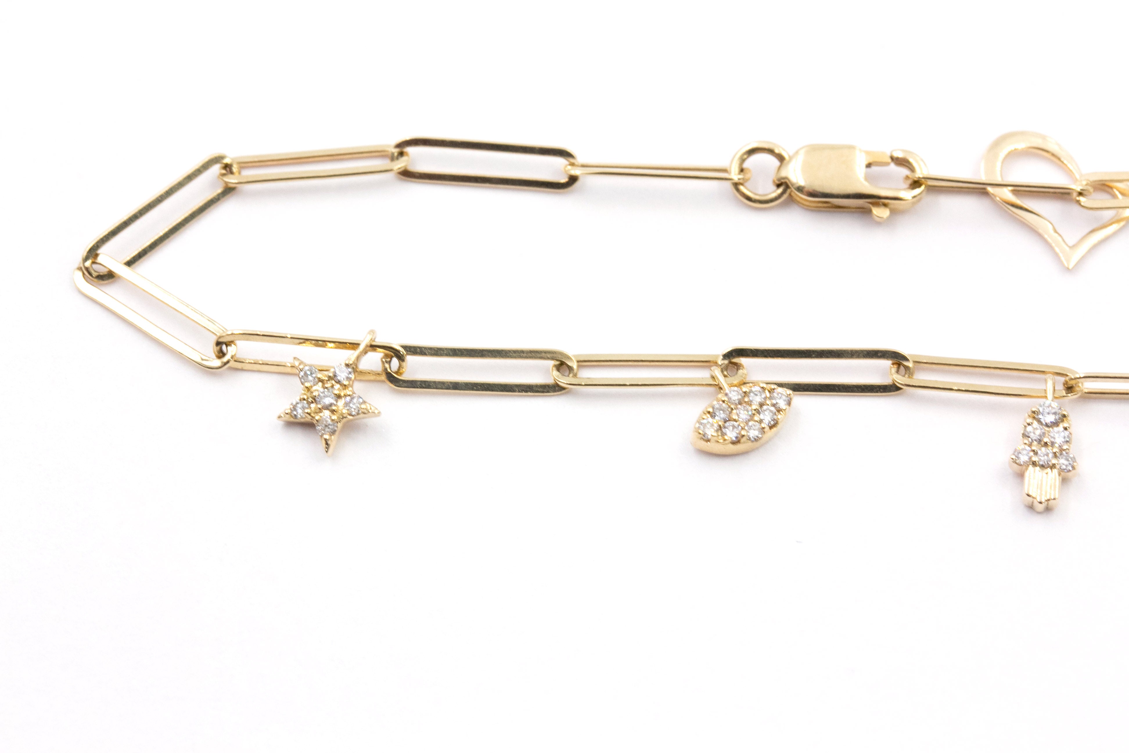Diamond Charm Paperclip Chain Bracelet - 14k Yellow Gold