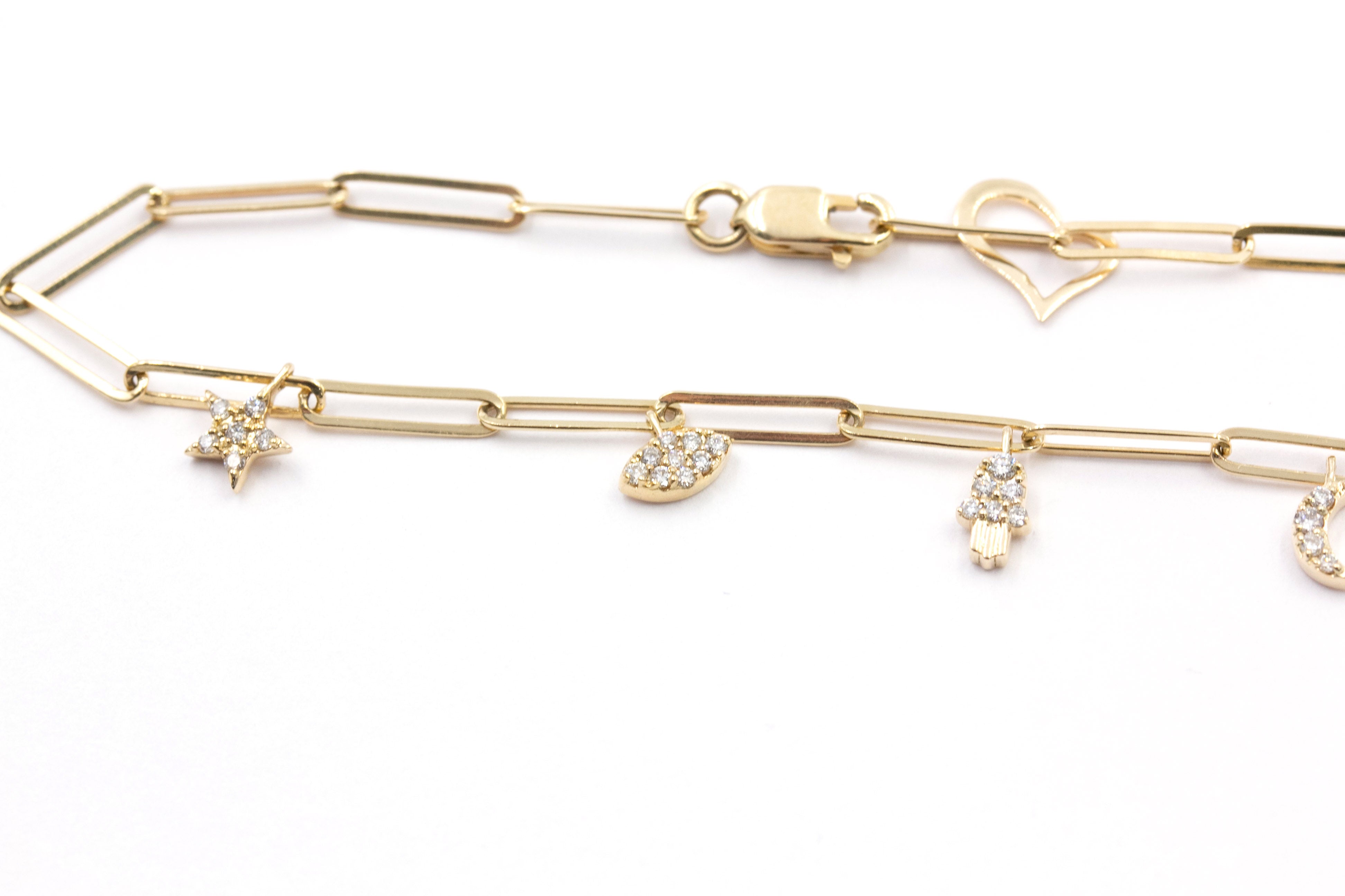 Diamond Charm Paperclip Chain Bracelet - 14k Yellow Gold