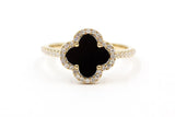 Diamond an Black Onyx Clover Ring - 14k Yellow Gold - 0.24ctw