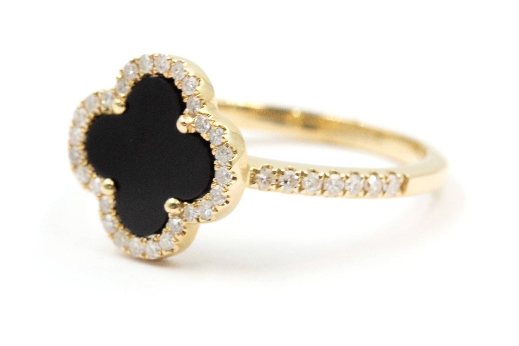 Diamond an Black Onyx Clover Ring - 14k Yellow Gold - 0.24ctw