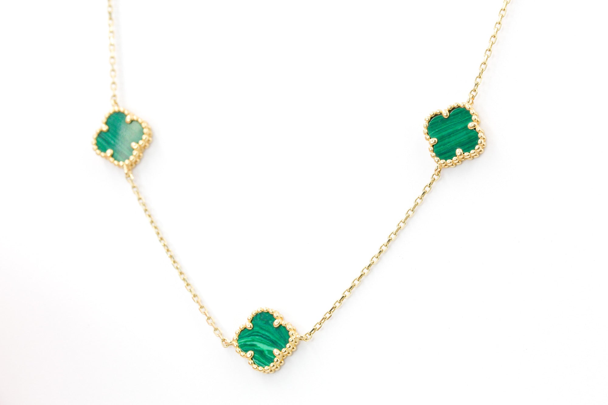 Malachite Clover Necklace - 10k Yellow Gold
