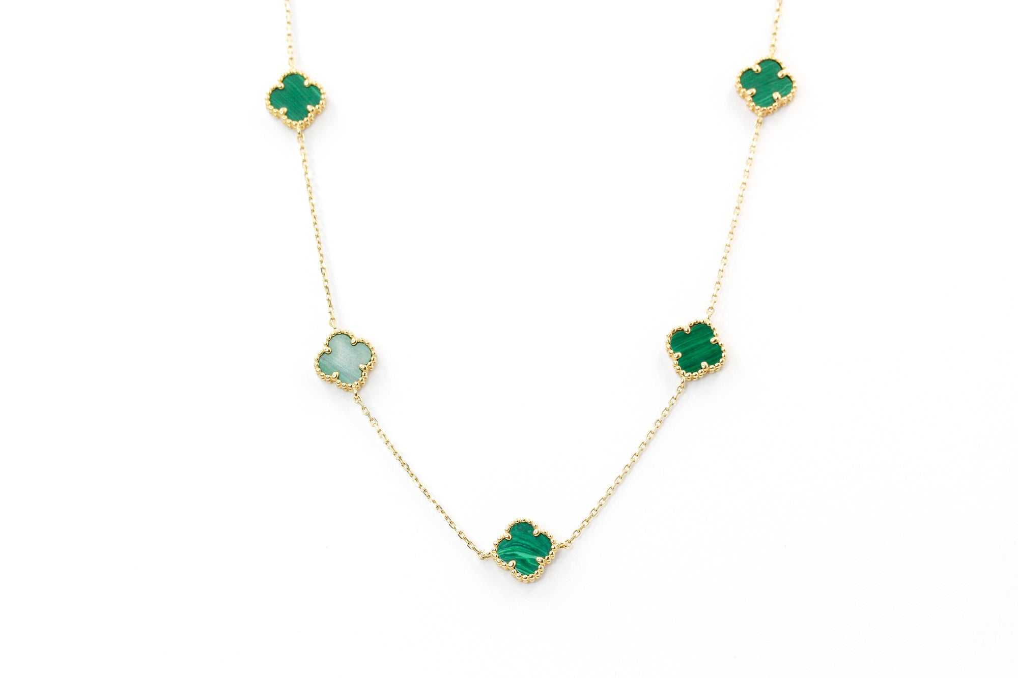 Malachite Clover Necklace - 10k Yellow Gold