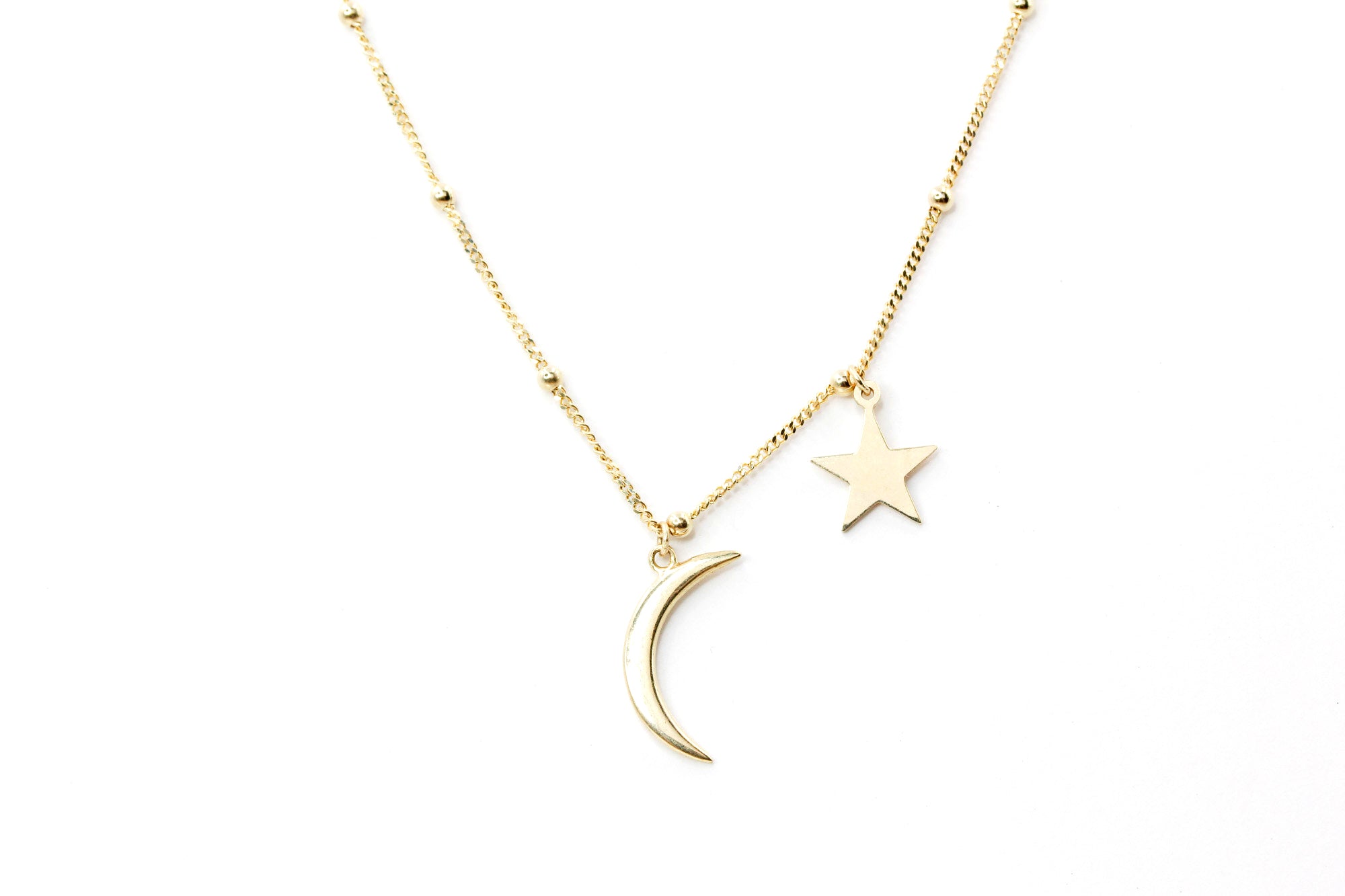 Moon and Star Charm Necklace - 14k Yellow Gold