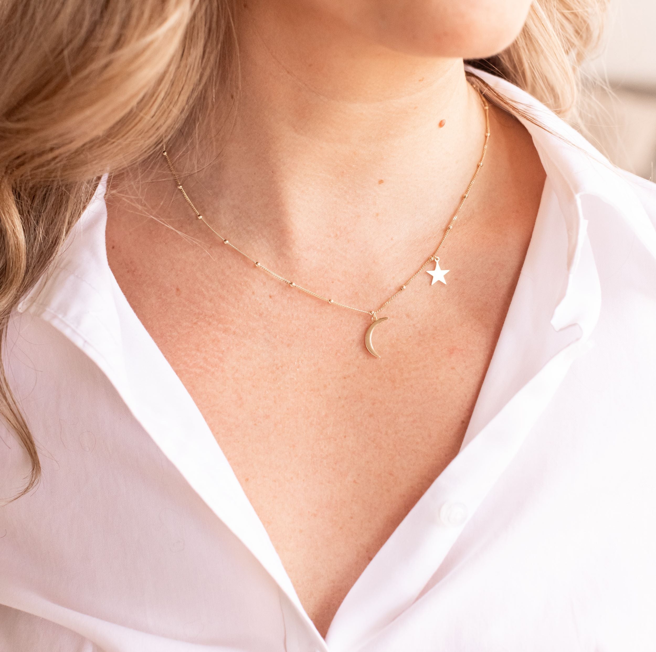 Moon and Star Charm Necklace - 14k Yellow Gold