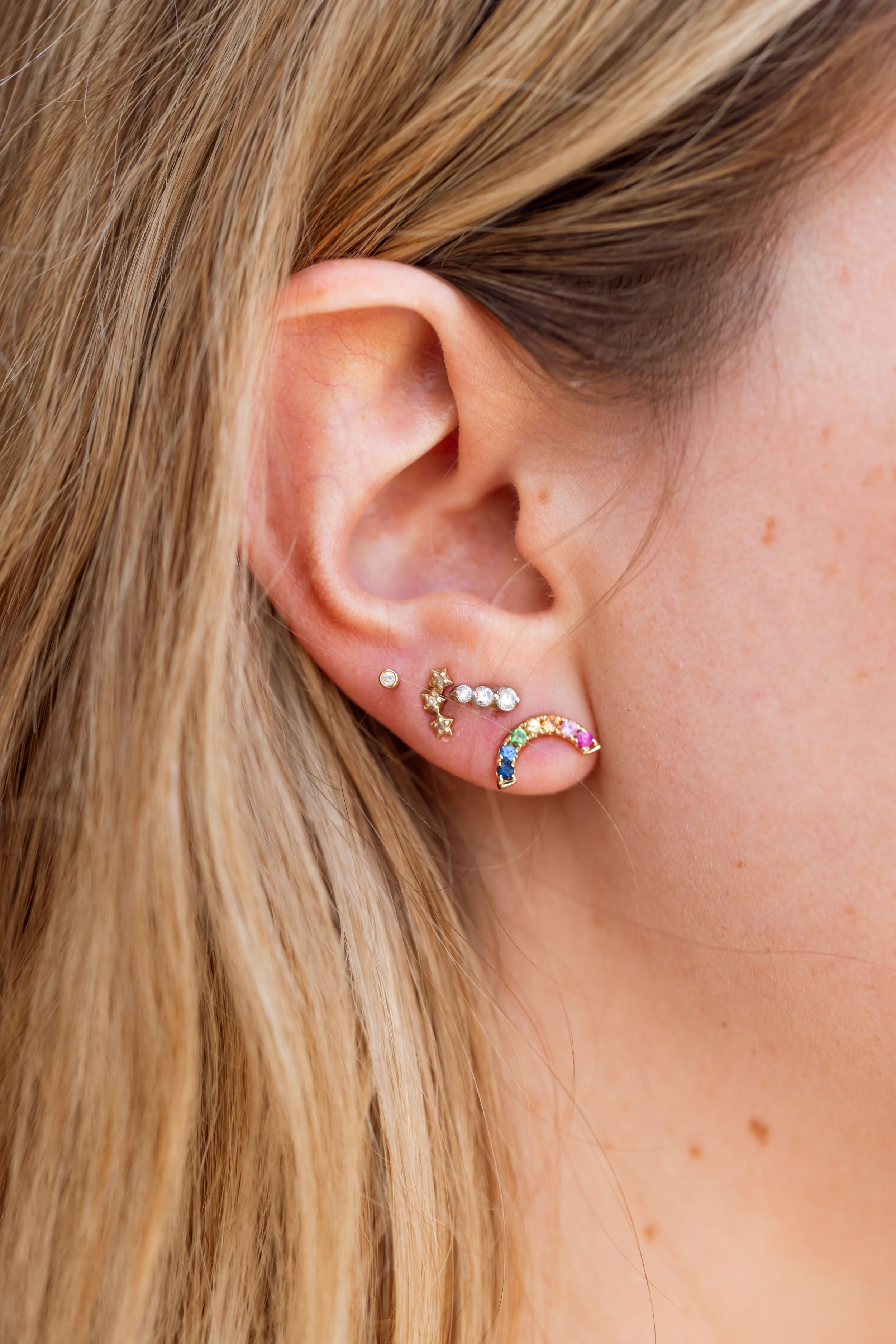 Multi Colored Sapphire Rainbow Arch Stud Earrings - 14k Gold