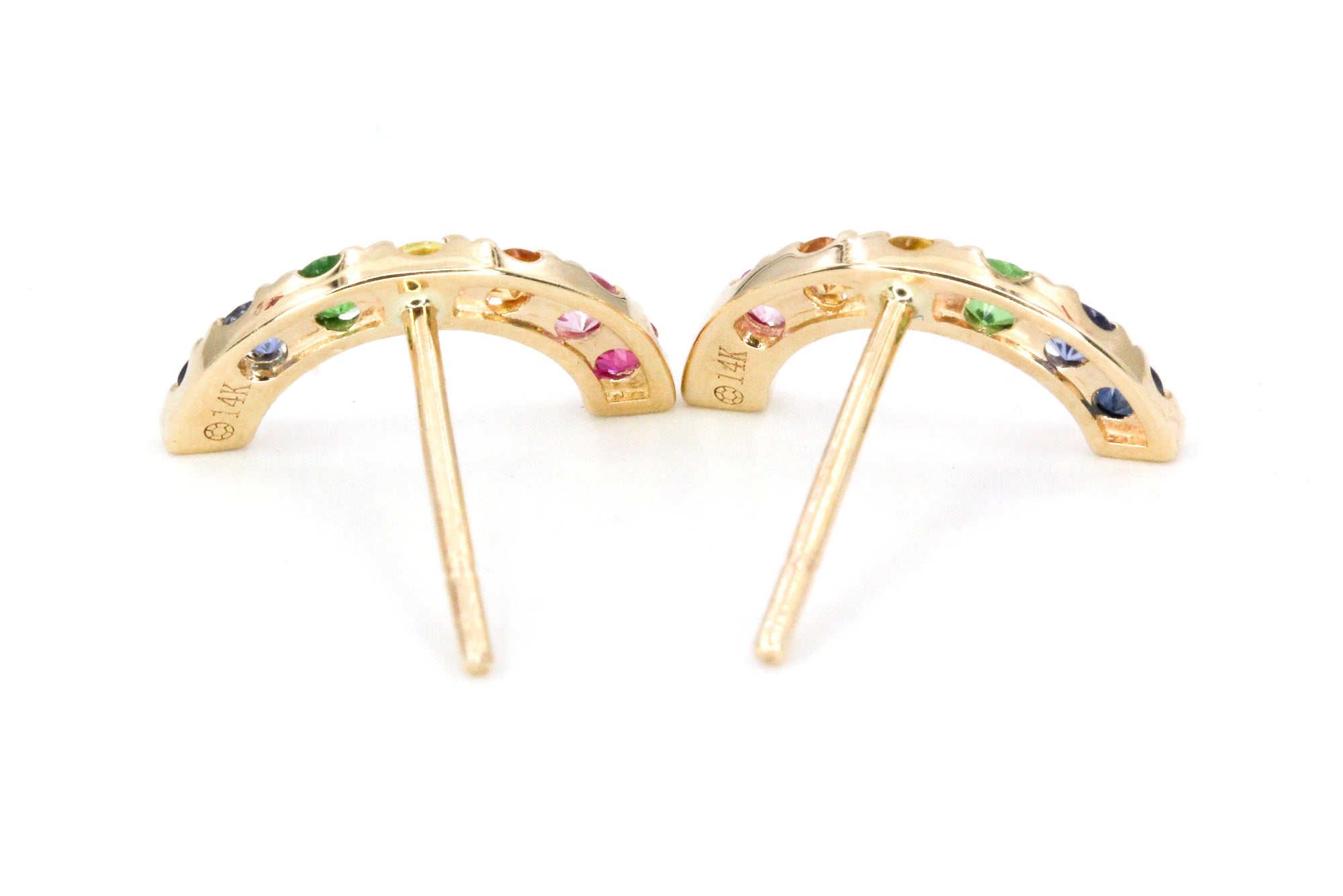 Multi Colored Sapphire Rainbow Arch Stud Earrings - 14k Gold