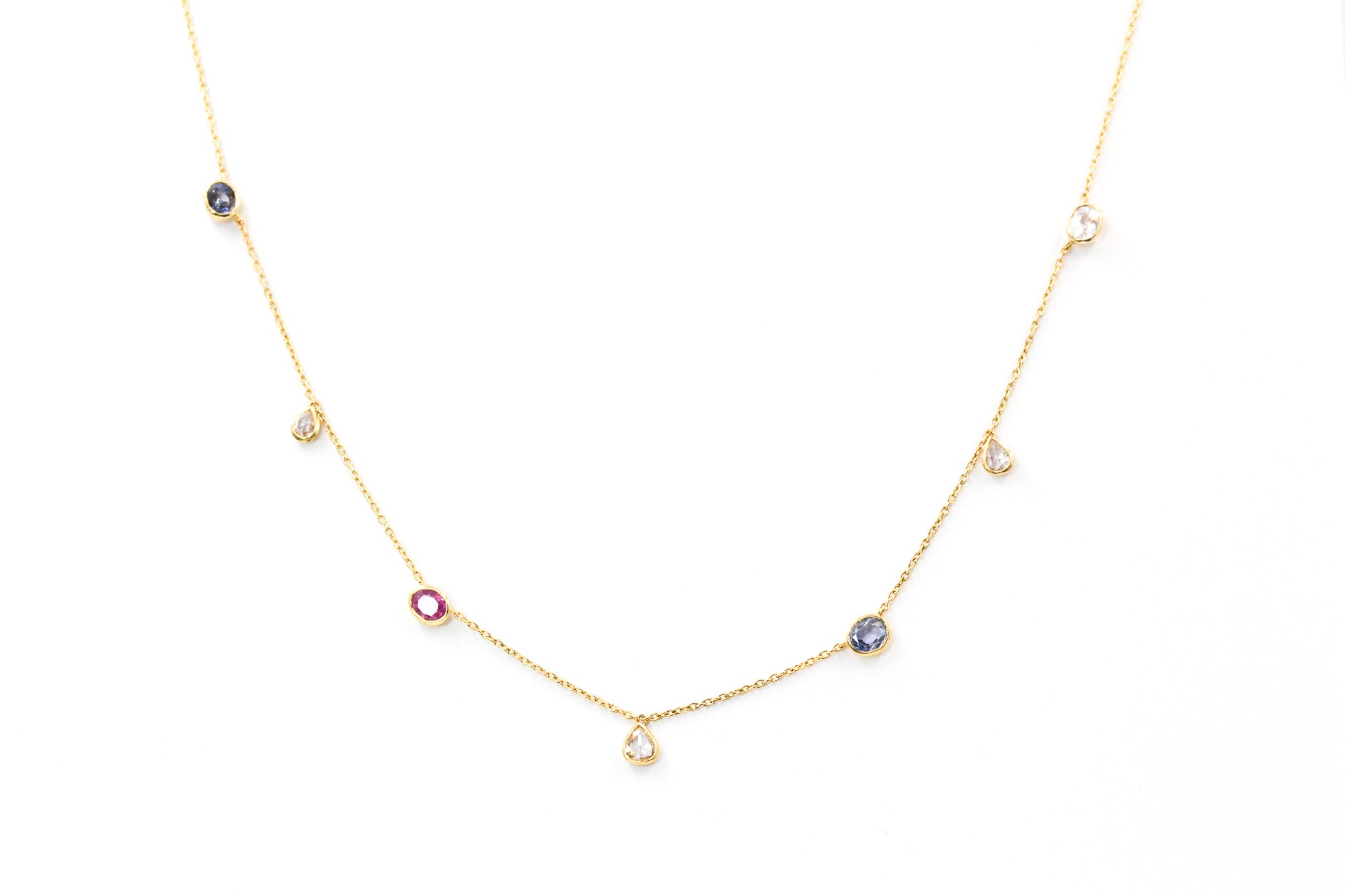 Multi Colored Sapphire and Diamond Necklace - 14k Yellow Gold - 1.38ctw
