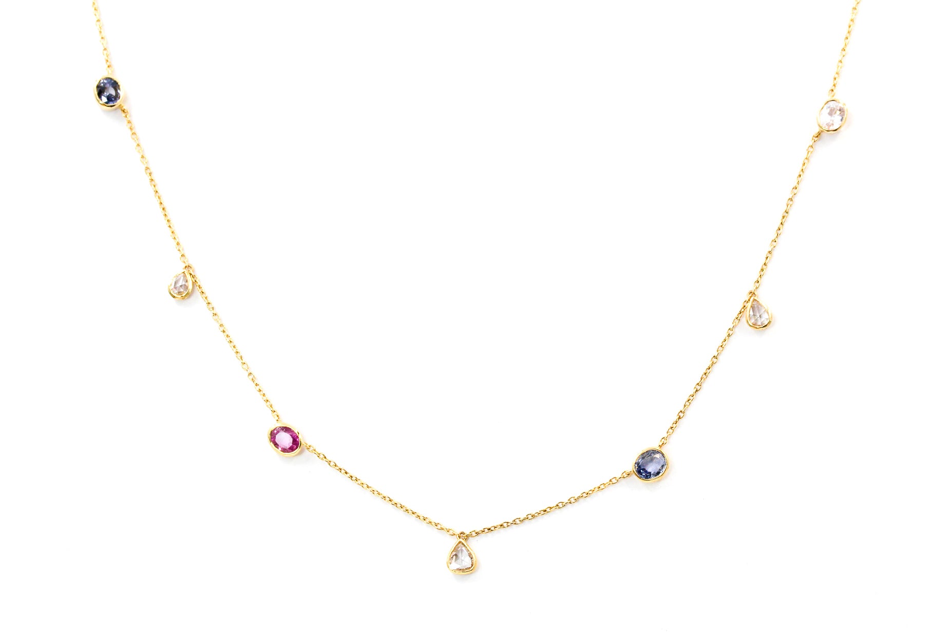 Multi Colored Sapphire and Diamond Necklace - 14k Yellow Gold - 1.38ctw