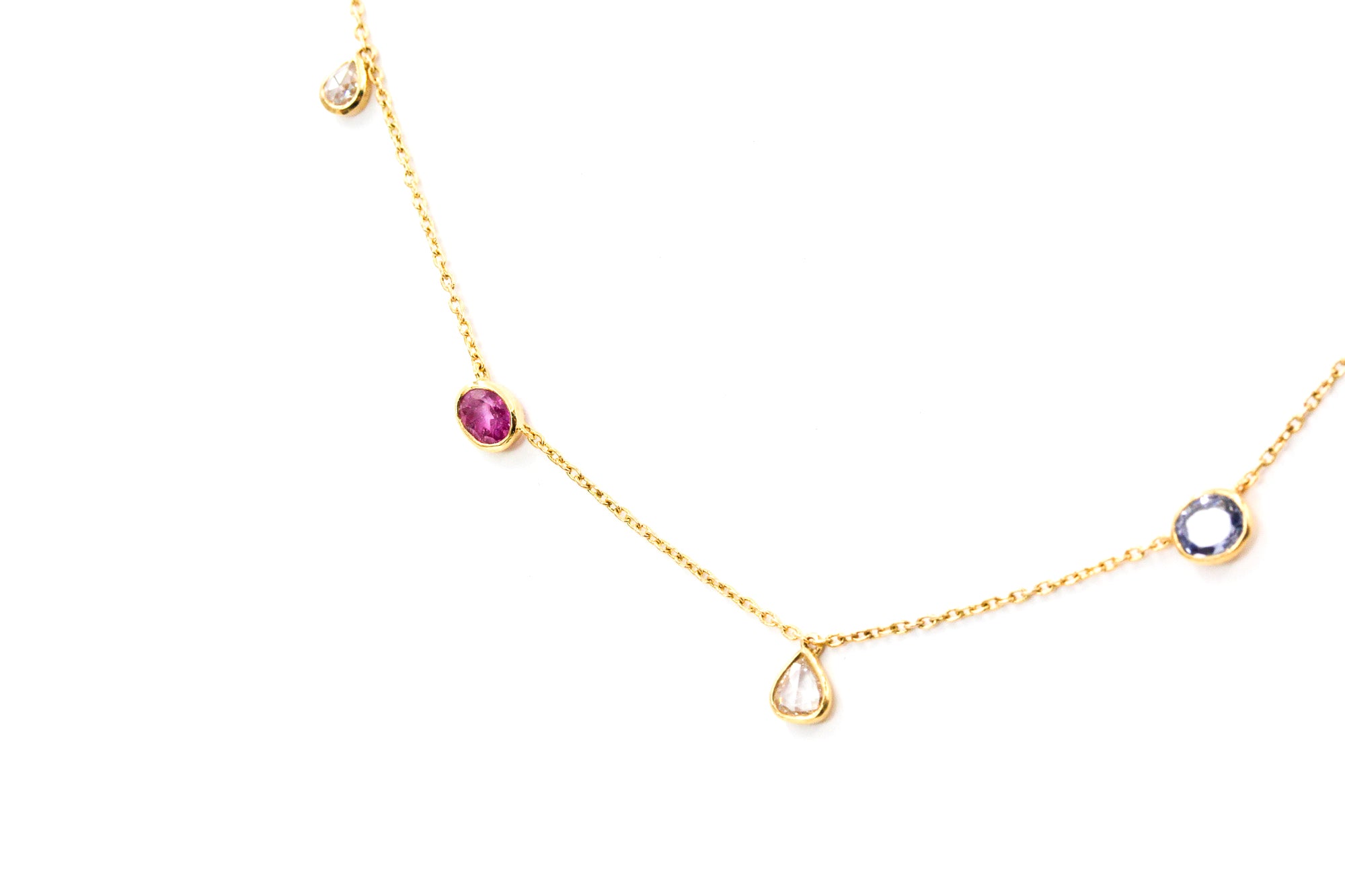 Multi Colored Sapphire and Diamond Necklace - 14k Yellow Gold - 1.38ctw