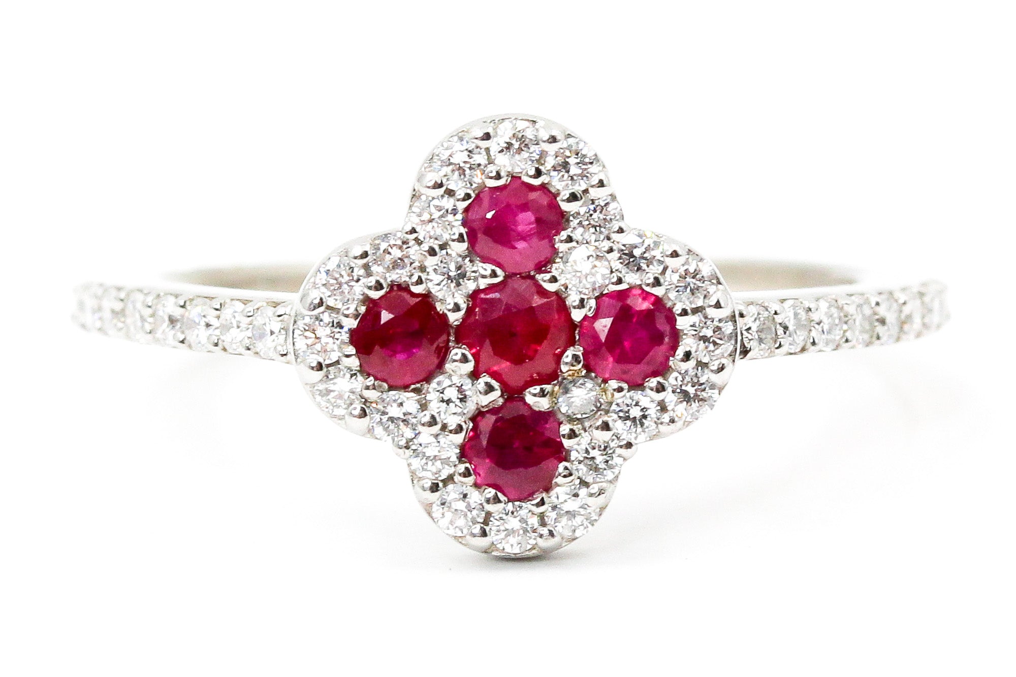 Ruby and Diamond Clover Ring - 14k White Gold - 0.88ctw