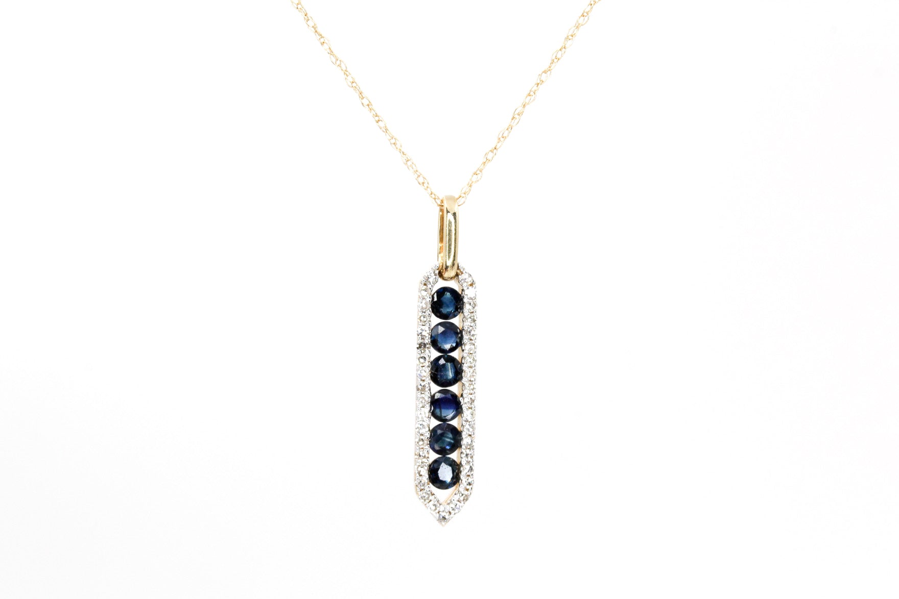 Sapphire and Diamond Drop Pendant Necklace - 10k Yellow Gold - 0.36ctw