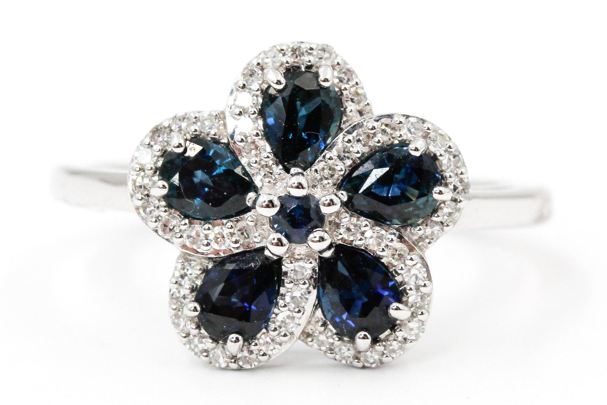 Sapphire and Diamond Flower Ring - 14k White Gold - 1.35ctw