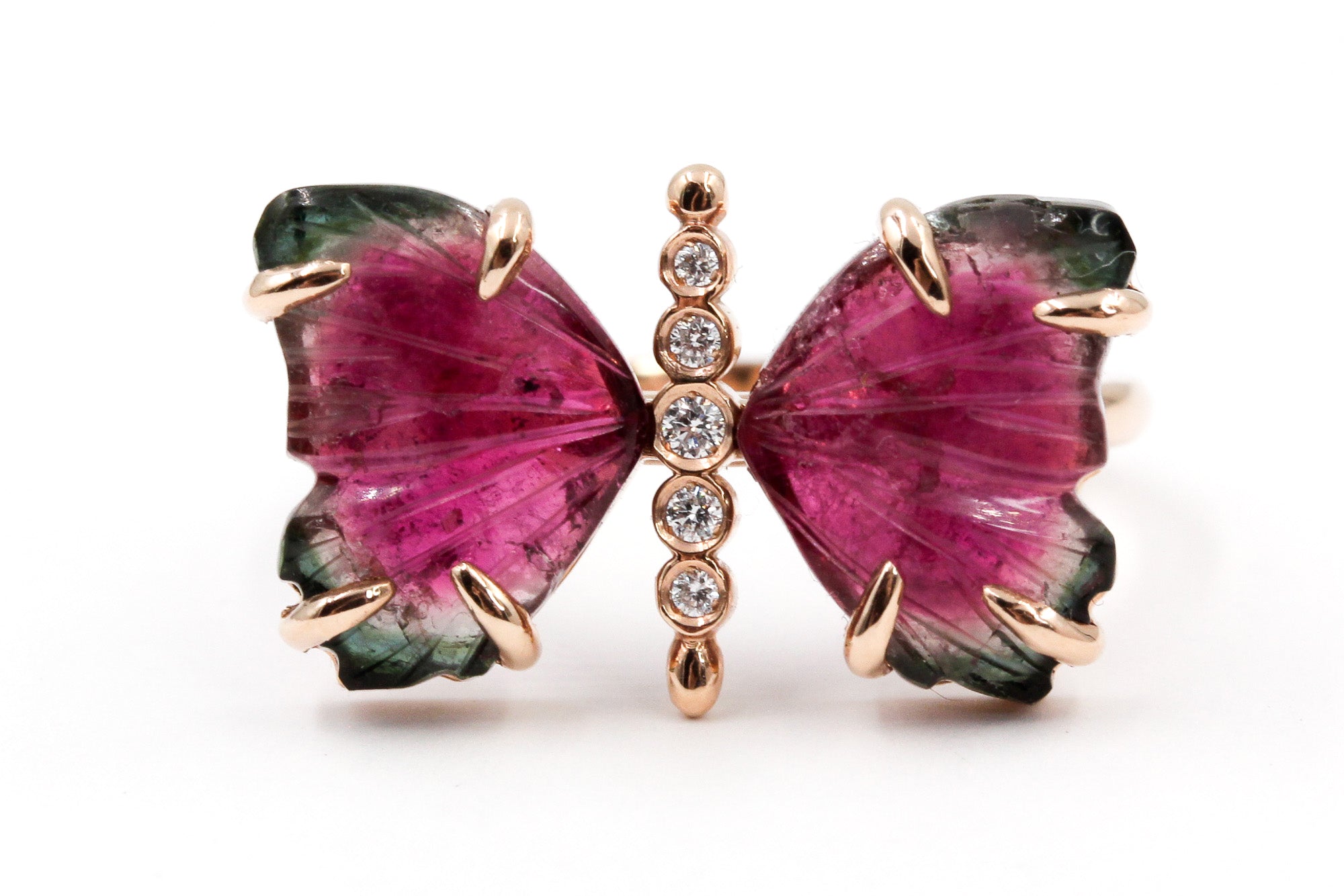 Watermelon Tourmaline Butterfly Ring - 14k Rose Gold - 0.05ctw