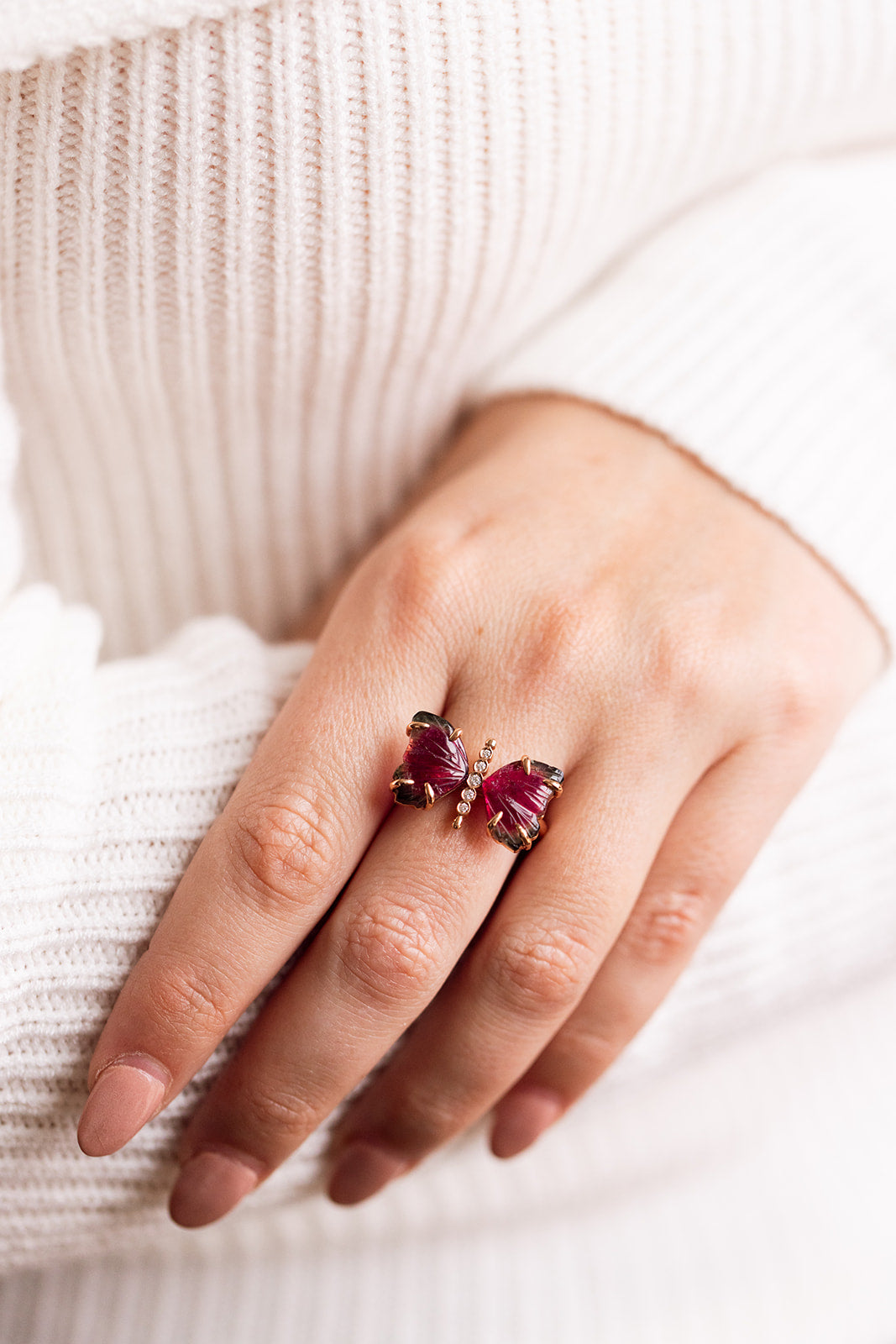 Watermelon Tourmaline Butterfly Ring - 14k Rose Gold - 0.05ctw