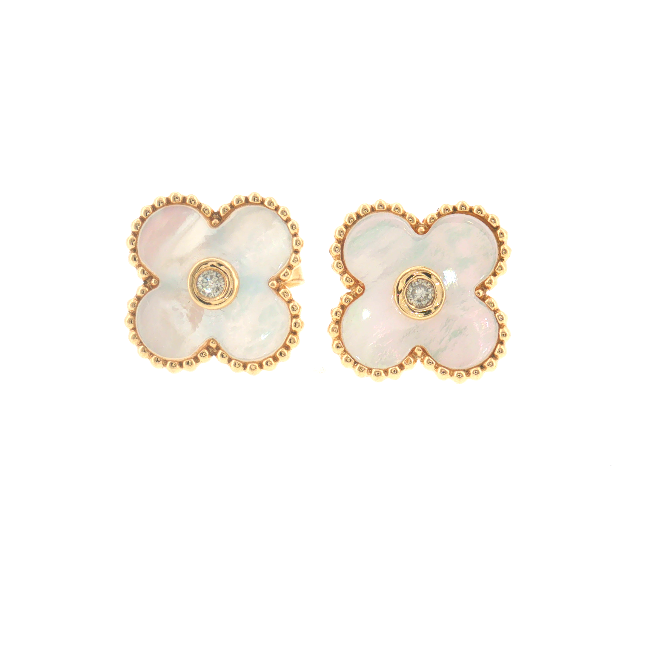 Diamond and Mother of Pearl Clover Earrings - 14k Yellow Gold - 0.06ctw