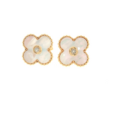 Diamond and Mother of Pearl Clover Earrings - 14k Yellow Gold - 0.06ctw